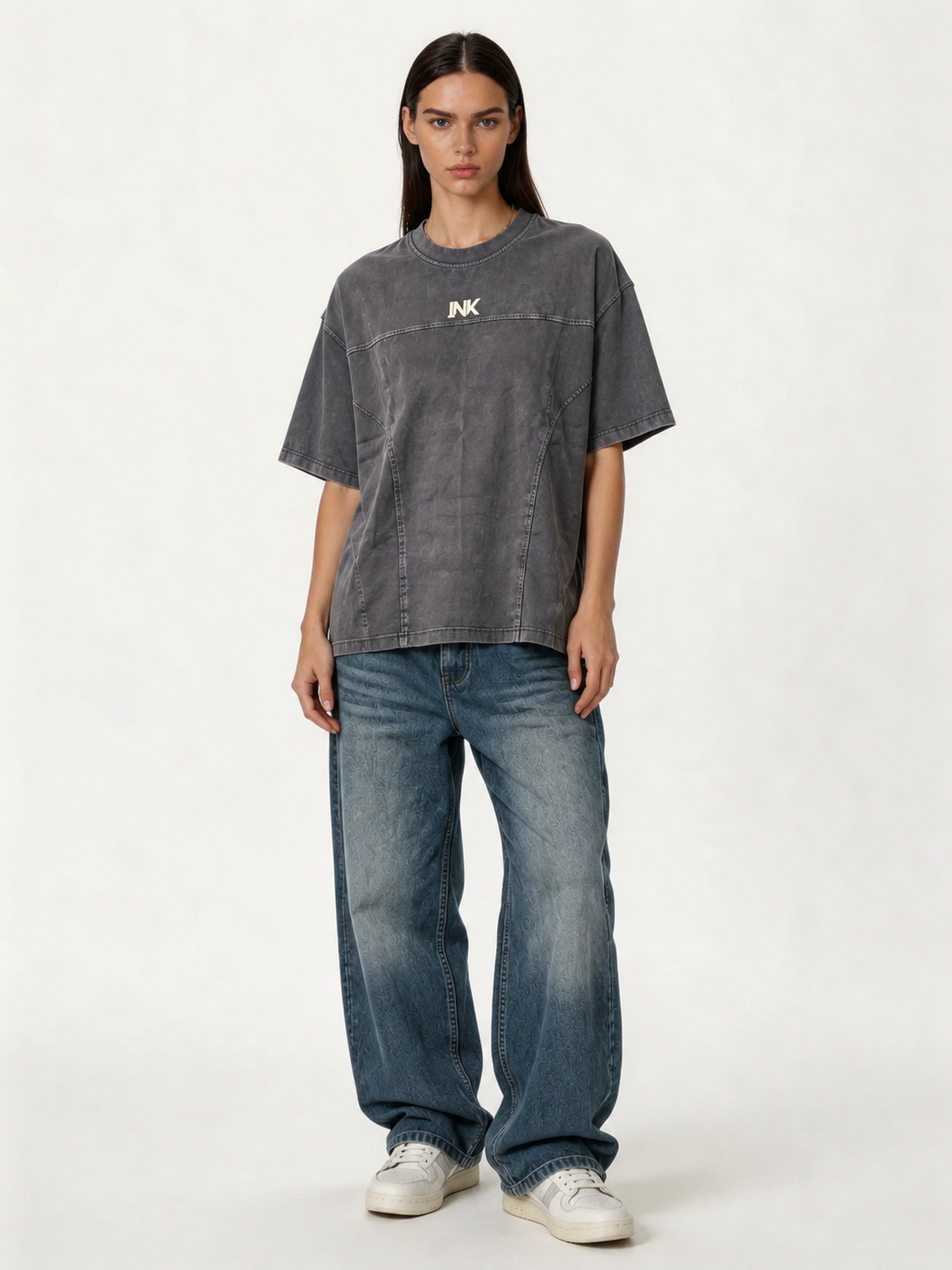 Boxy Panelled Acid Wash Cotton Tee - ink