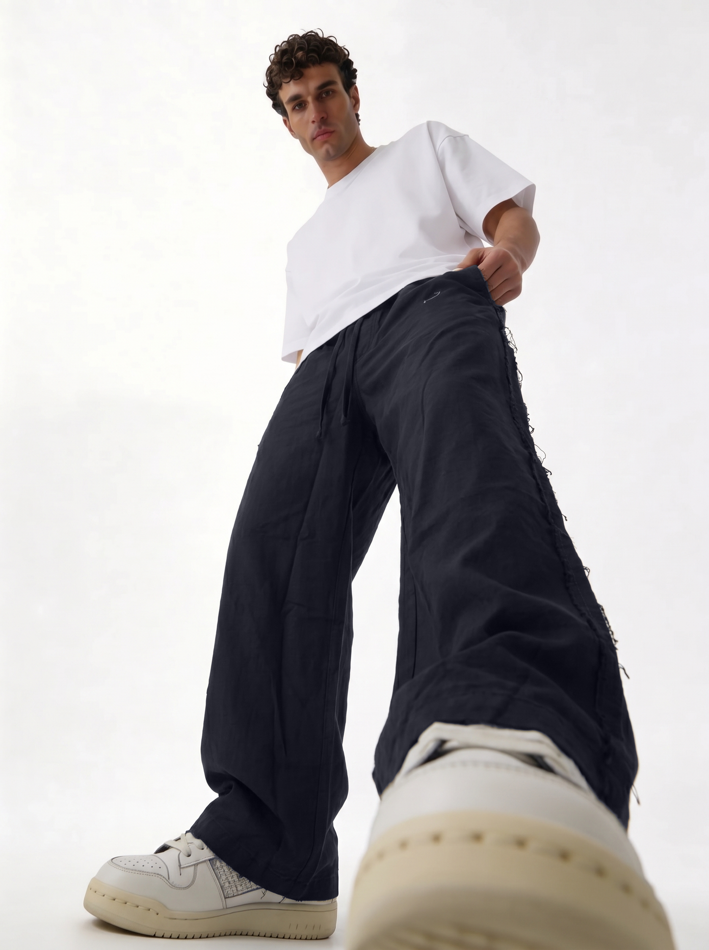 Raw Edge Pants Cotton Baggy Fit - seven