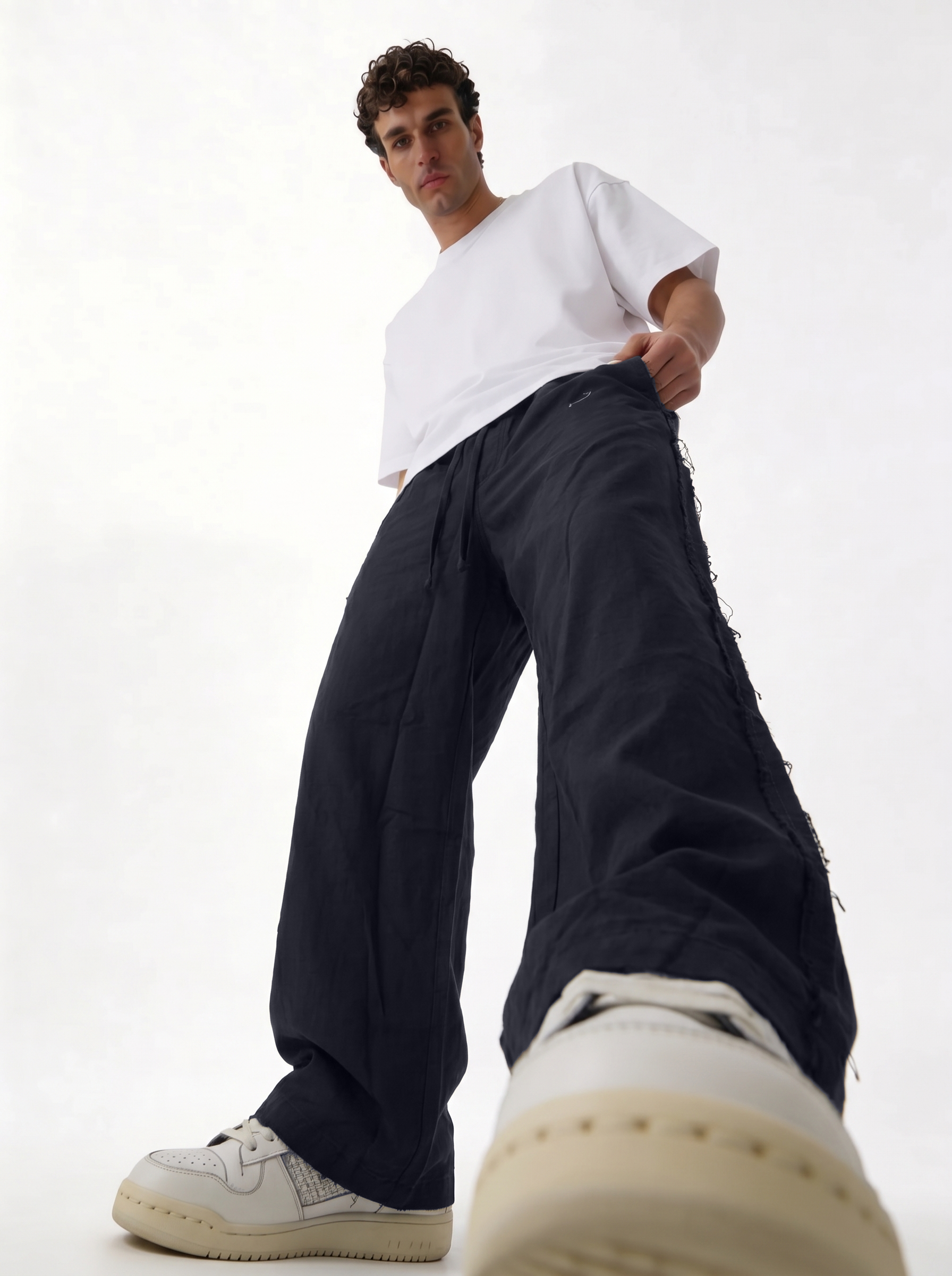 Raw Edge Pants Cotton Baggy Fit - seven
