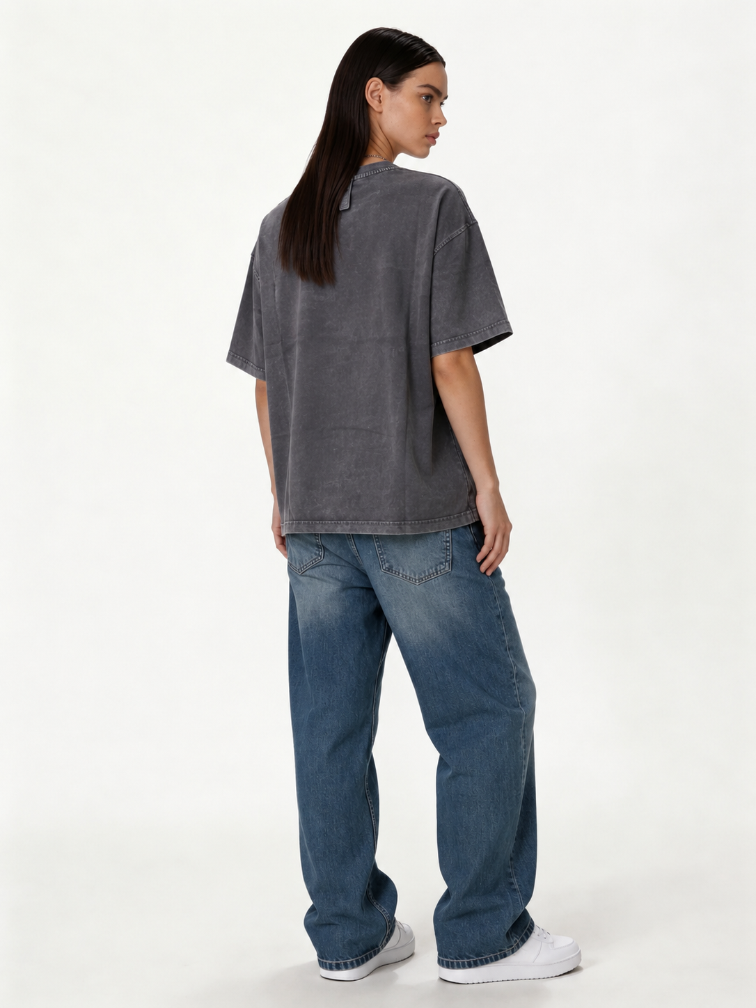 Boxy Panelled Acid Wash Cotton Tee - ink