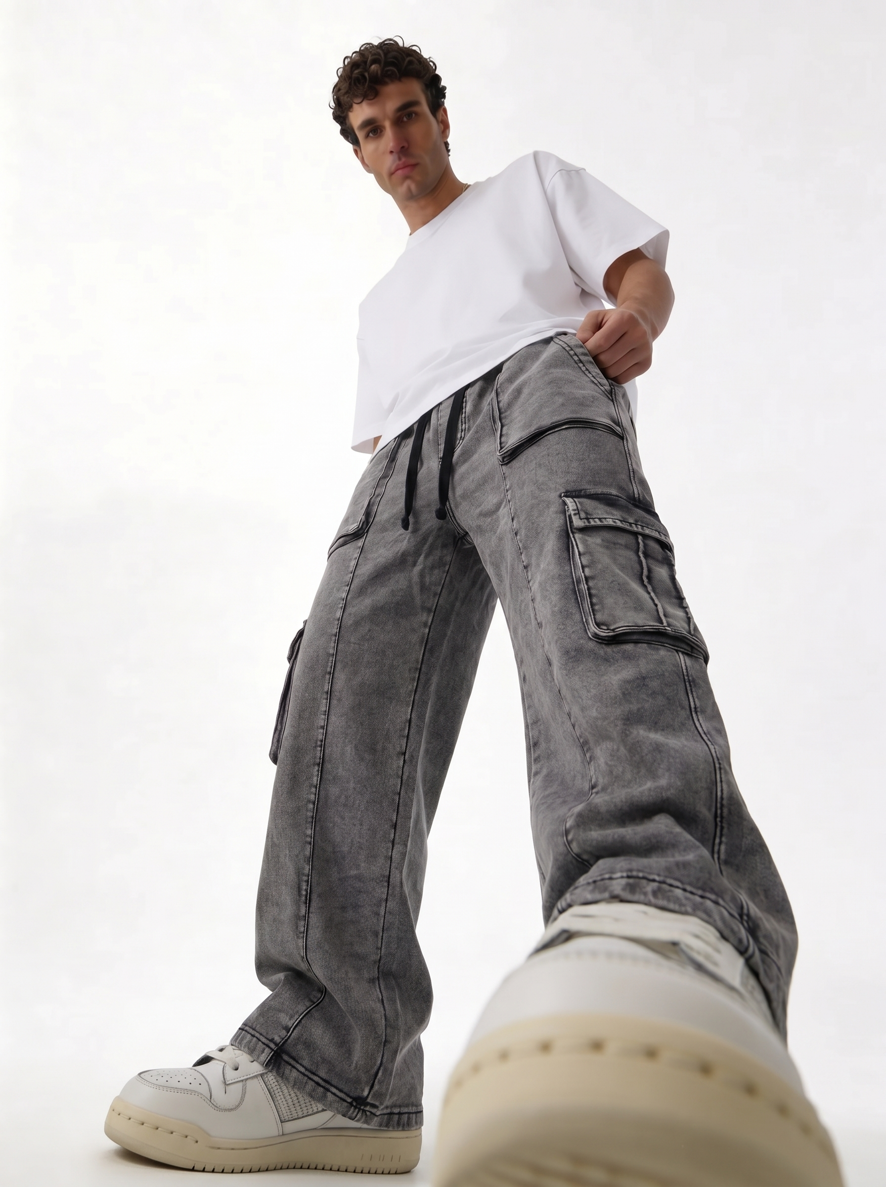 Panelled Cargo Pants Denim Baggy Fit - seven