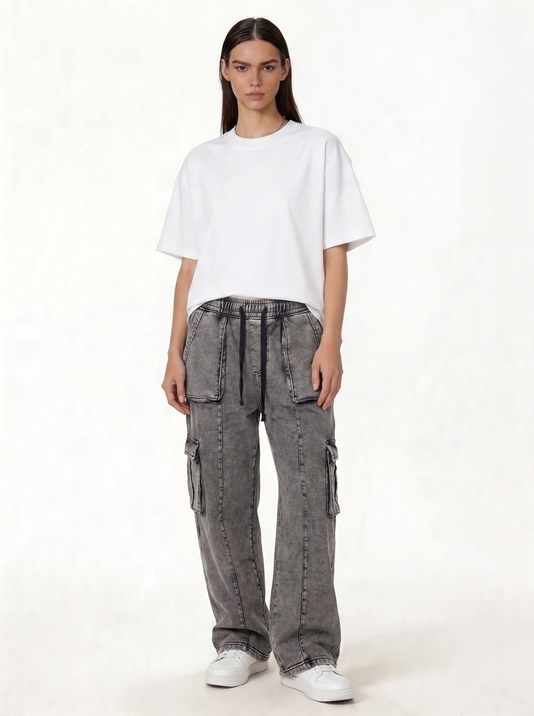 Panelled Cargo Pants Denim Baggy Fit - seven