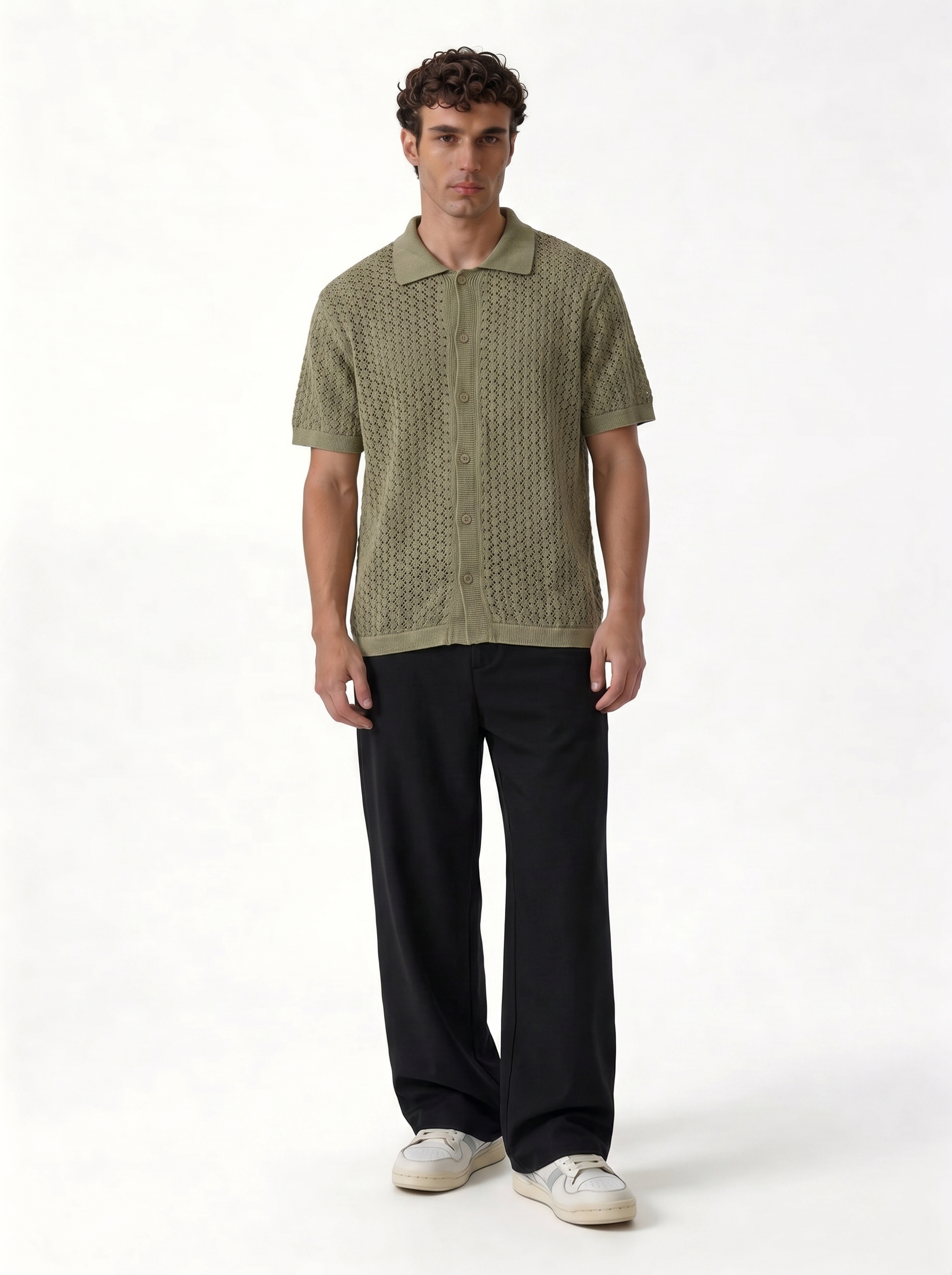 Crochet Knit Polo Shirt Cotton Regular Fit - zamari