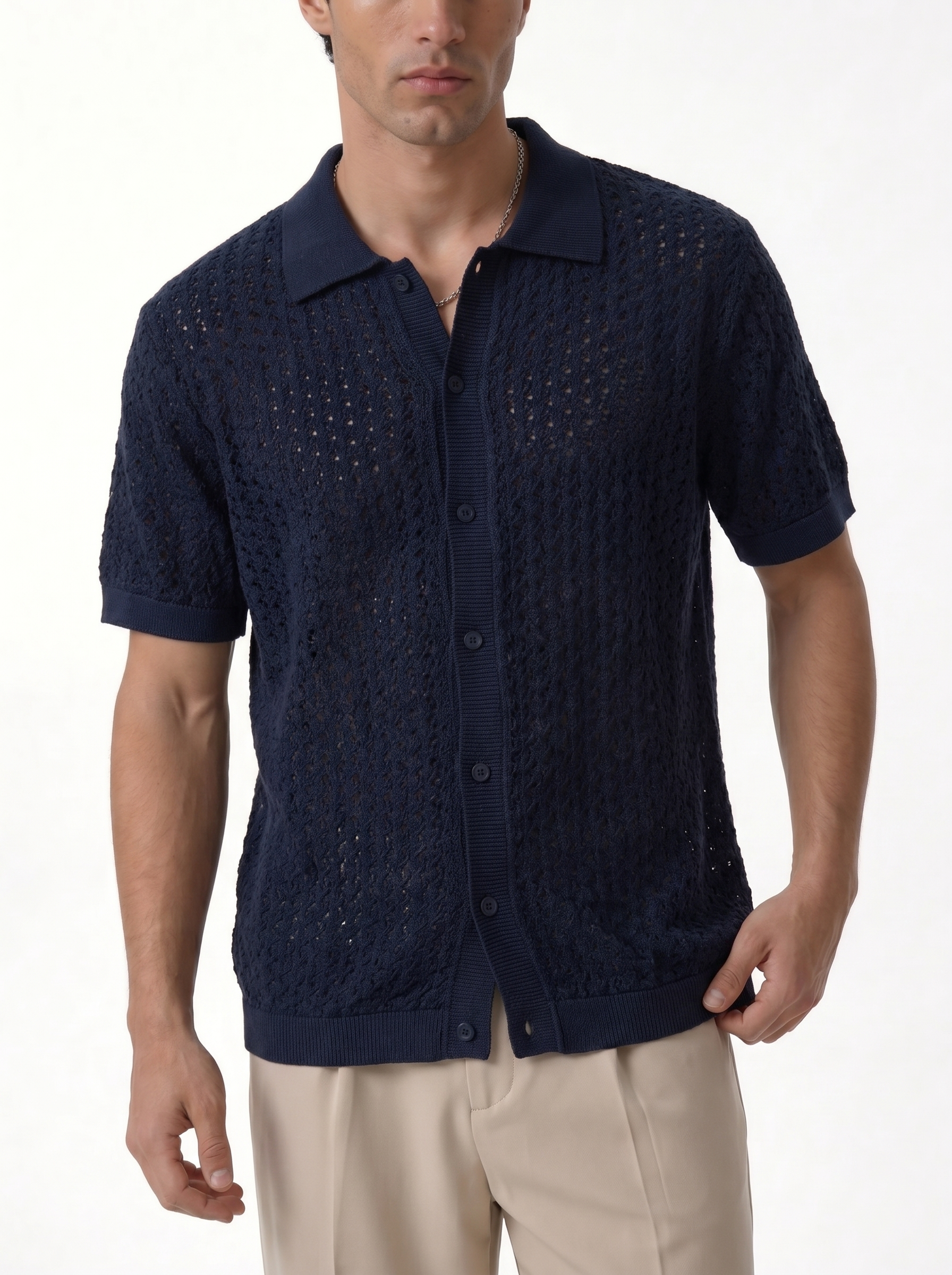 Crochet Knit Polo Shirt Cotton Regular Fit - zamari