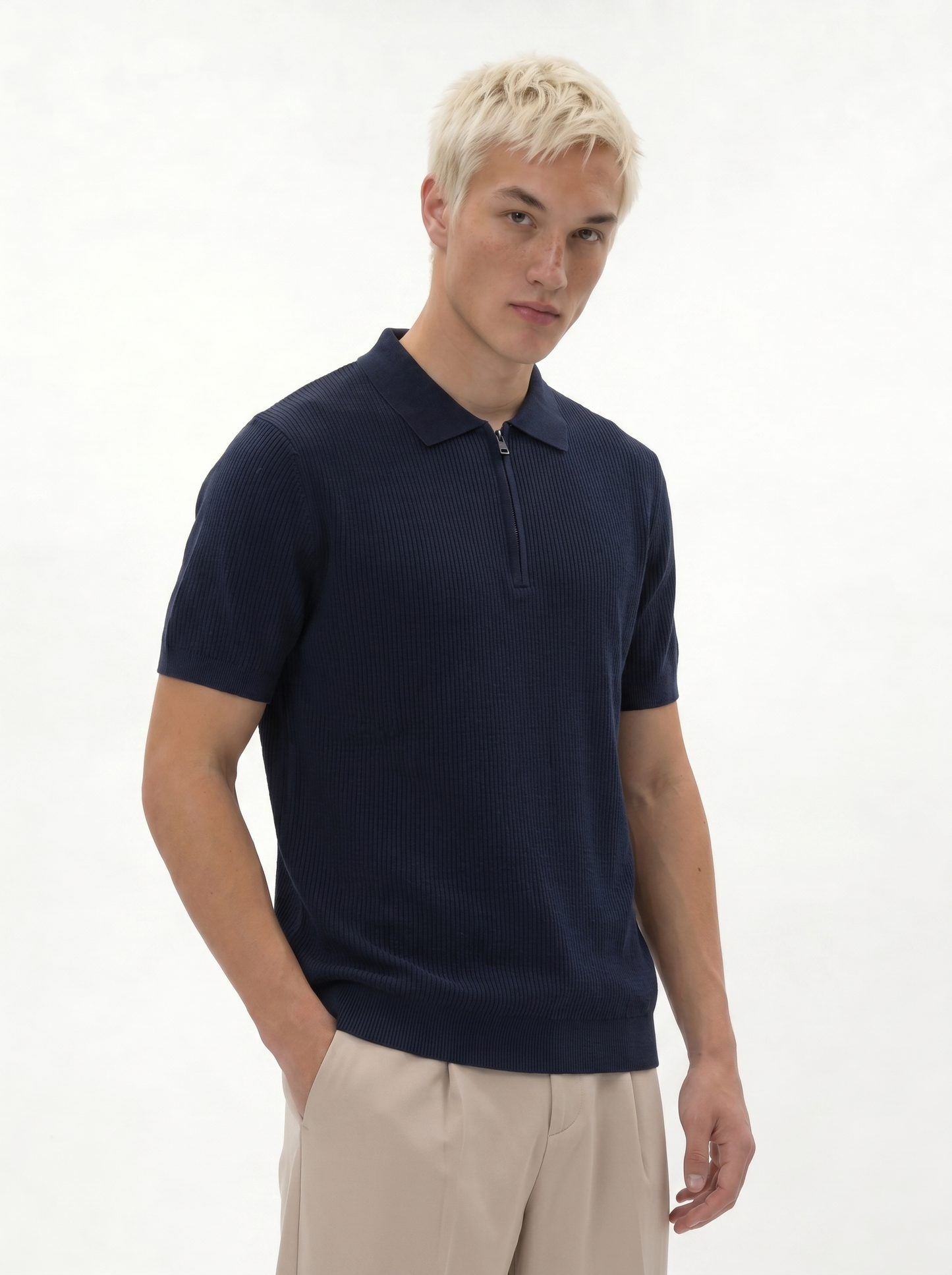 Ribbed Zip Polo Shirt Knit Regular Fit - je-x