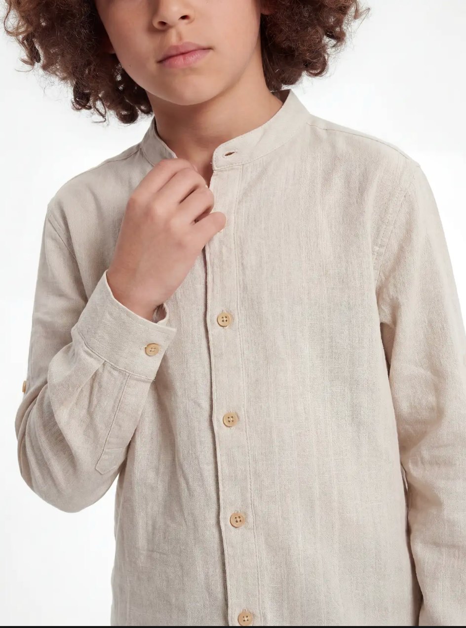 Buttoned Mandarin Collar Shirt Linen Regular Fit - seven kids
