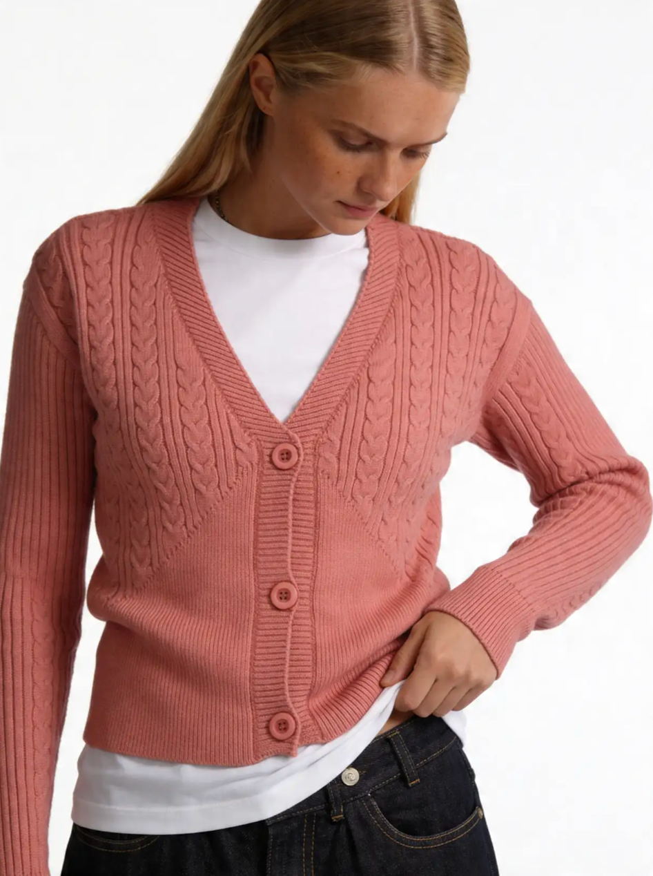 Cable Knit Cardigan Cotton Slim Fit - kamzi