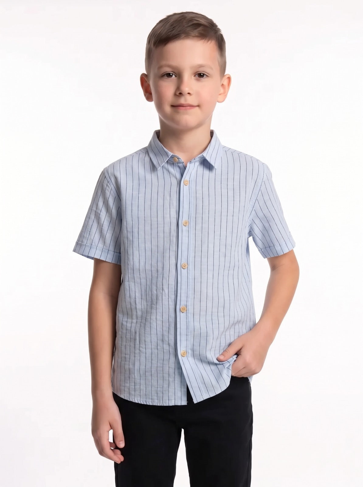 Vertical Stripe Short Sleeve Button-Up Shirt - Seven