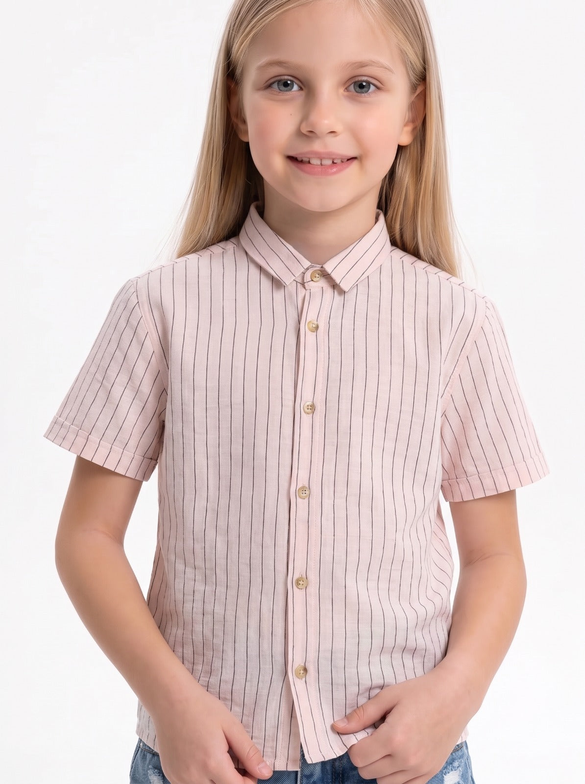 Vertical Stripe Short Sleeve Button-Up Shirt - Seven