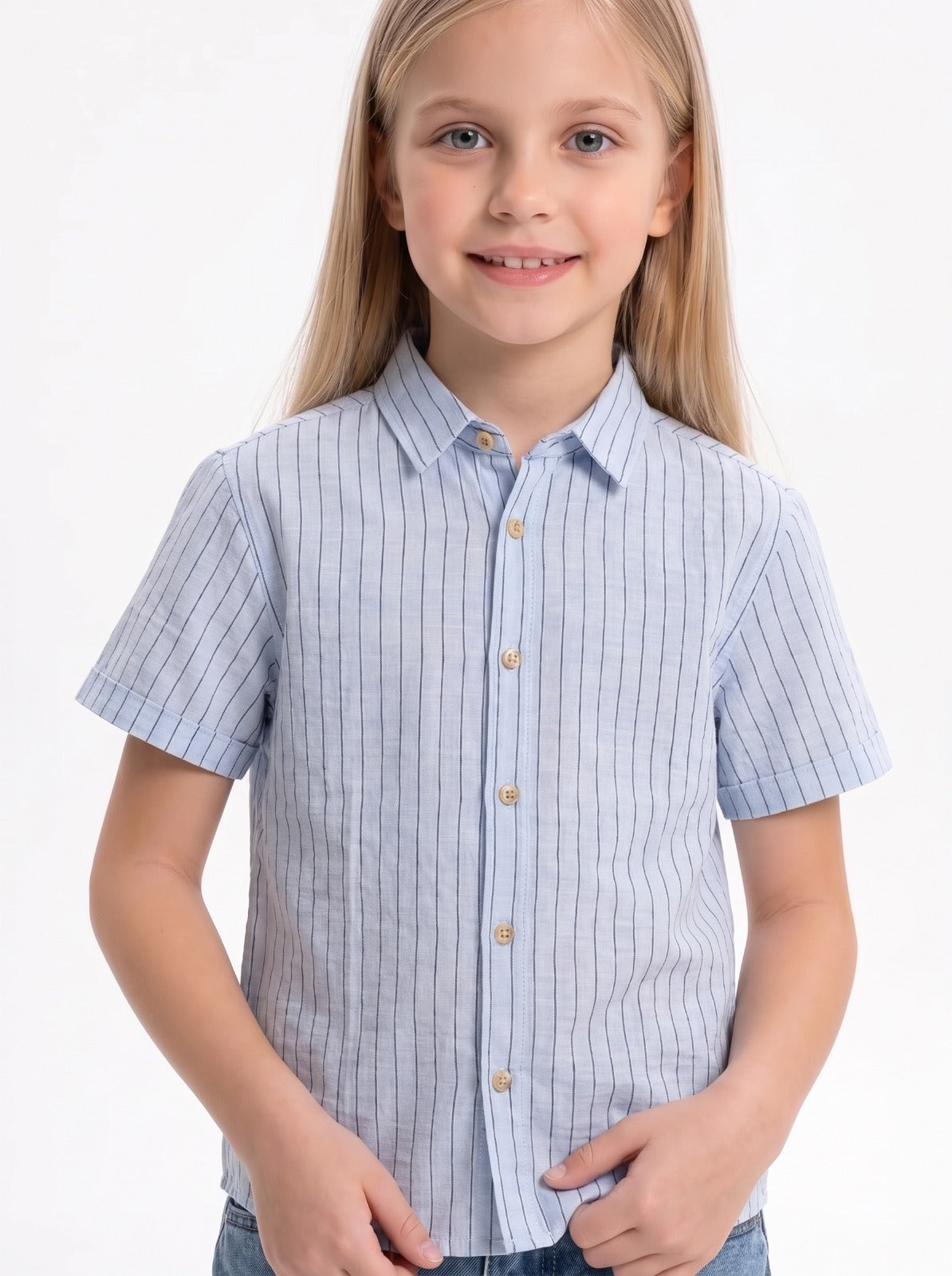 Vertical Stripe Short Sleeve Button-Up Shirt - Seven
