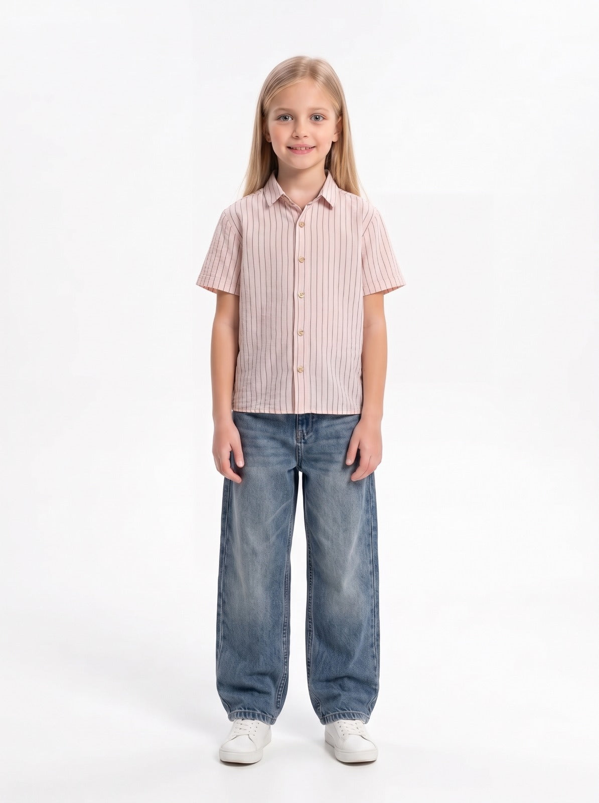 Vertical Stripe Short Sleeve Button-Up Shirt - Seven