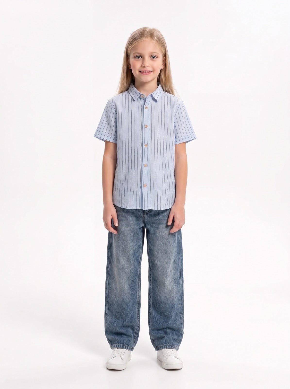 Vertical Stripe Short Sleeve Button-Up Shirt - Seven