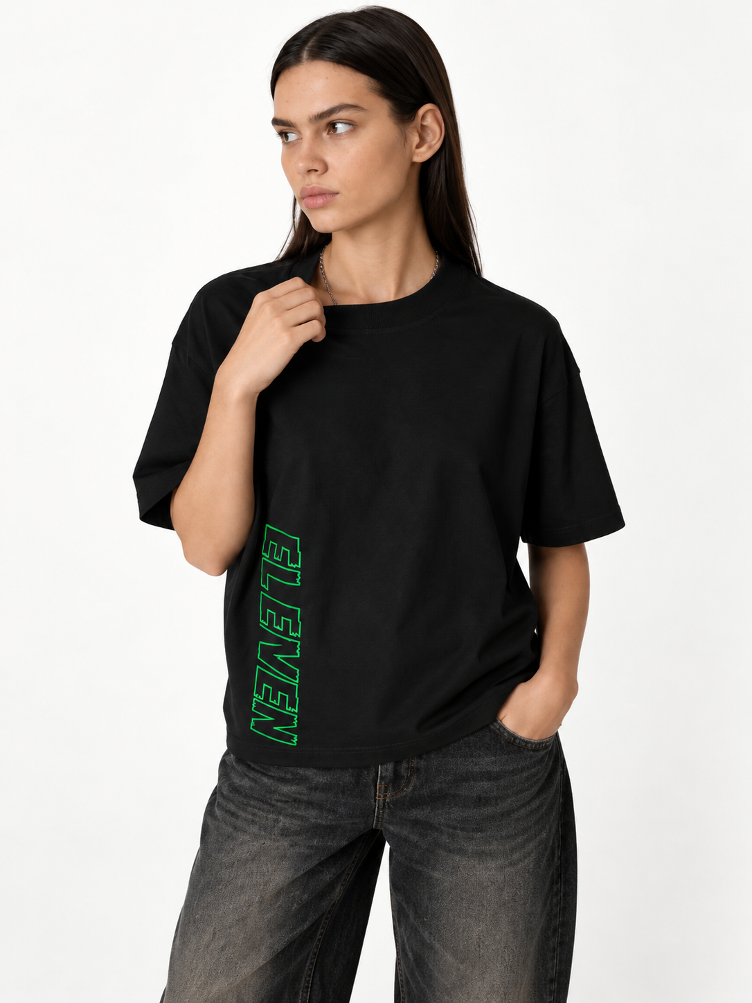 Vertical Logo Graphic T-Shirt Cotton Boxy Fit - eleven
