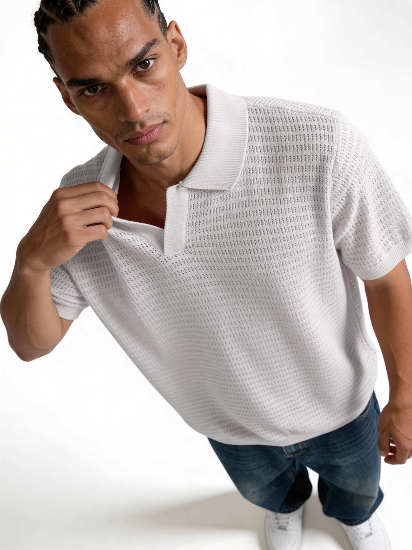 Boxy Crochet Knit Mesh Polo - void