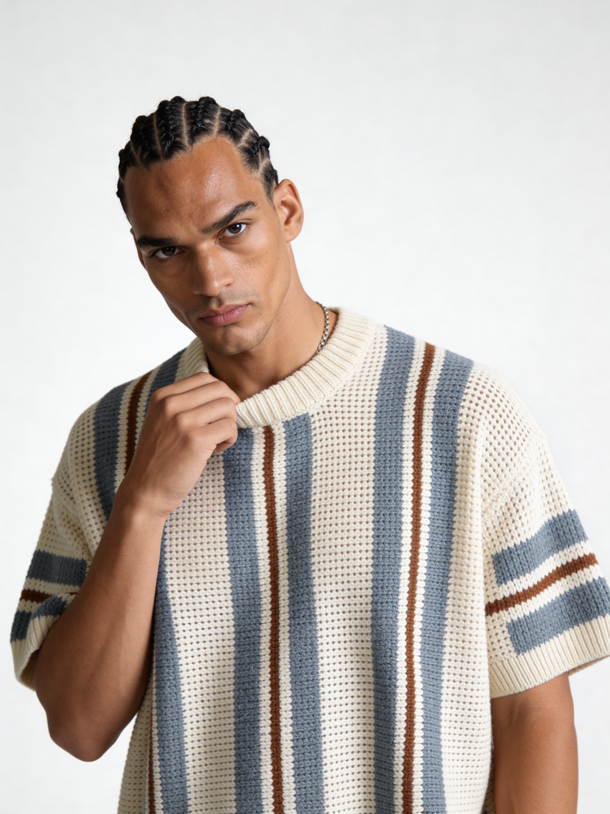 Boxy Crochet Knit Striped Crewneck - void