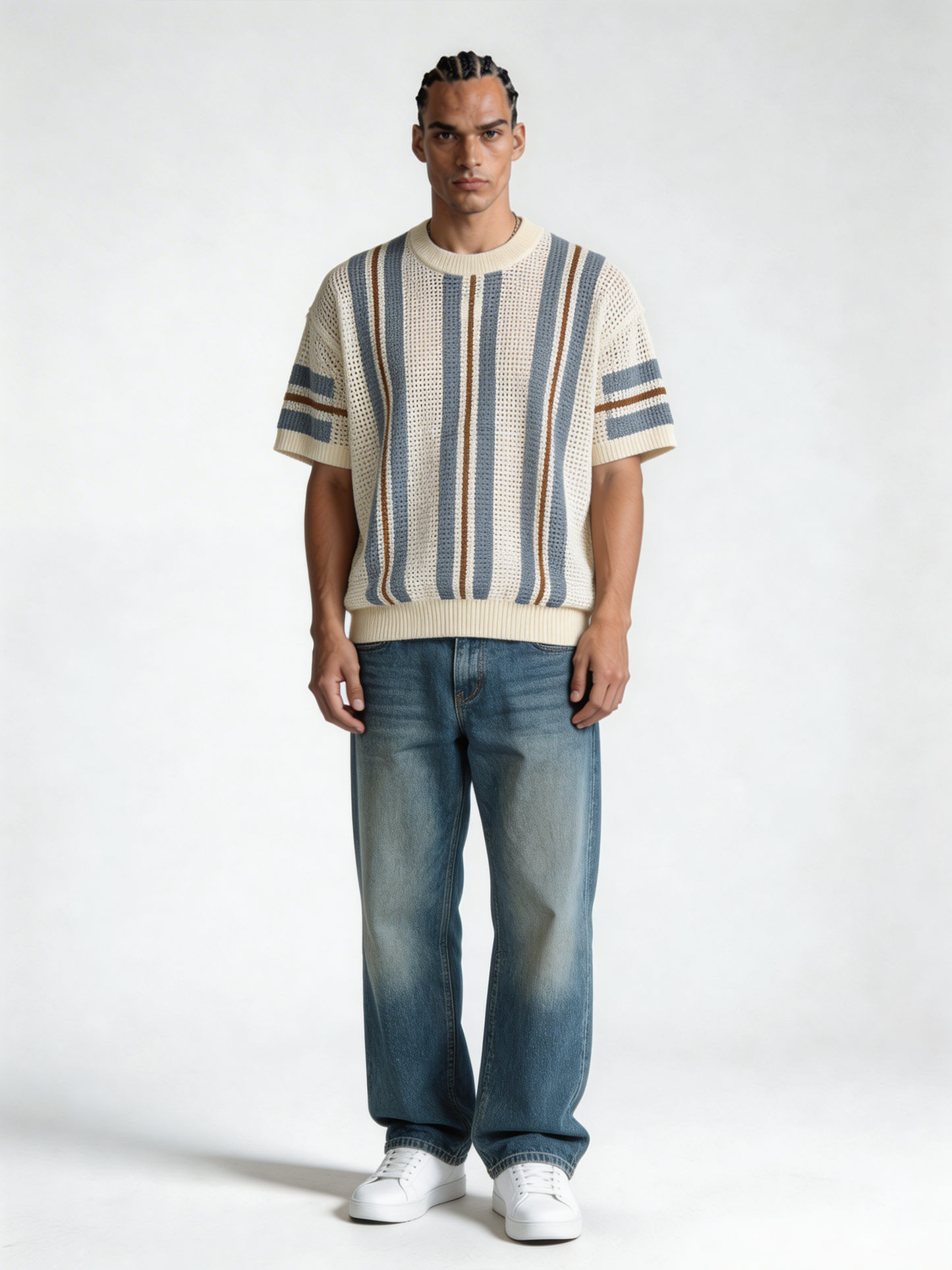 Boxy Crochet Knit Striped Crewneck - void