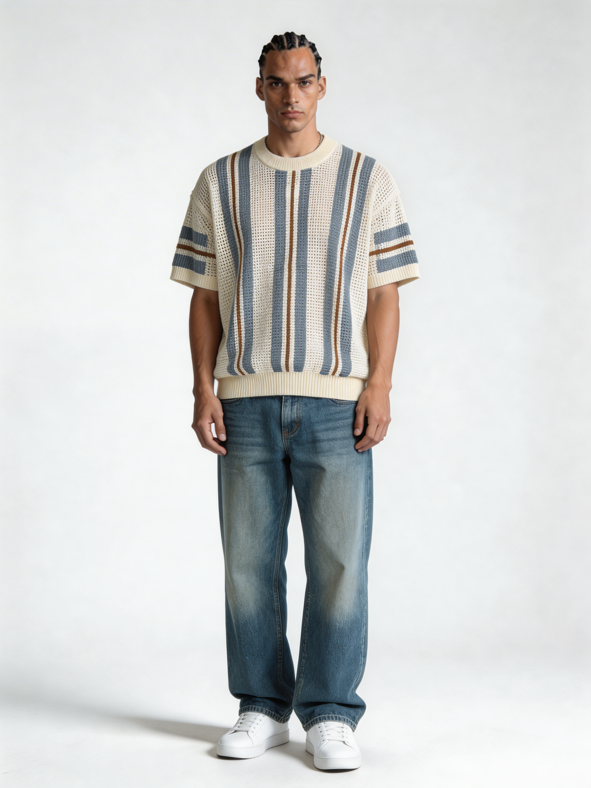 Boxy Crochet Knit Striped Crewneck - void