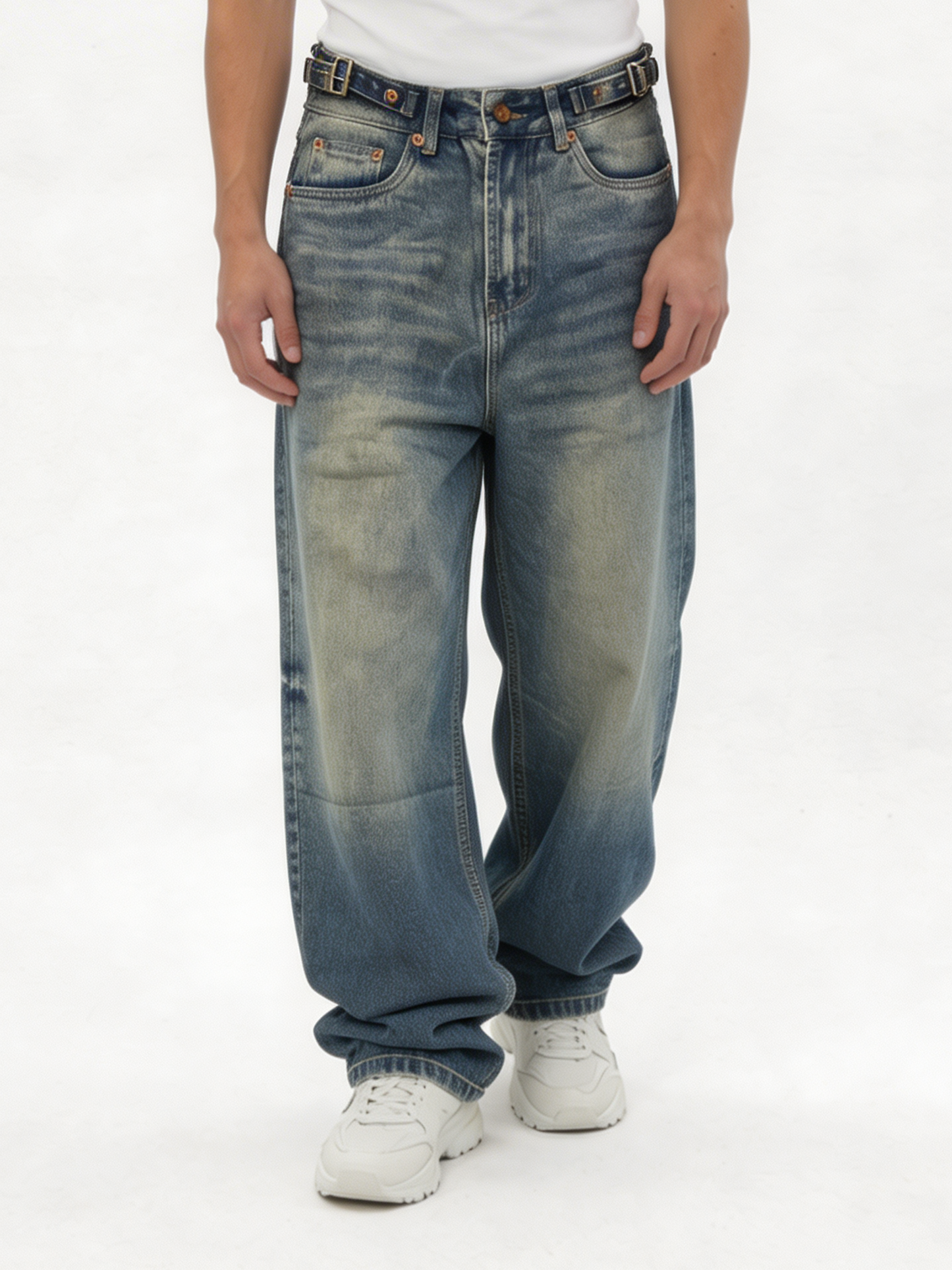 Relaxed Wide-Leg Belted Cotton Denim - jex
