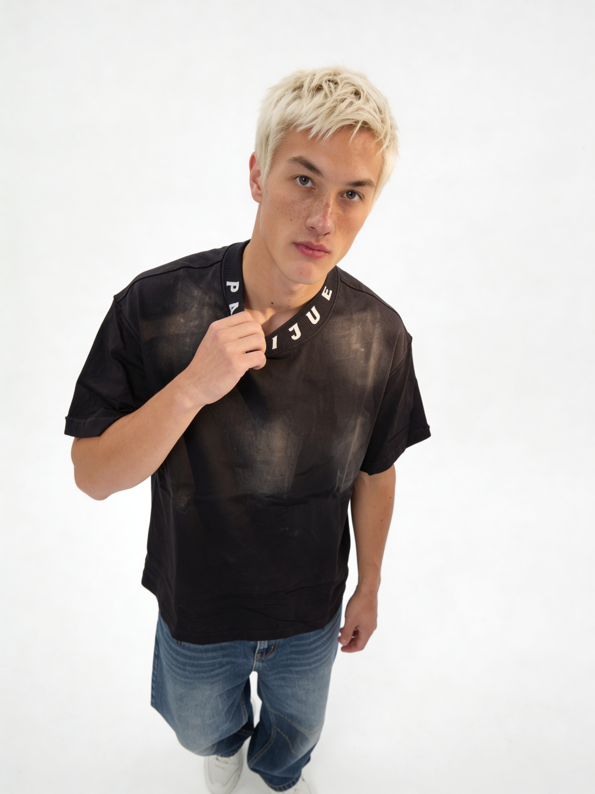 Boxy Washed Cotton Logo-Collar T-Shirt - jex