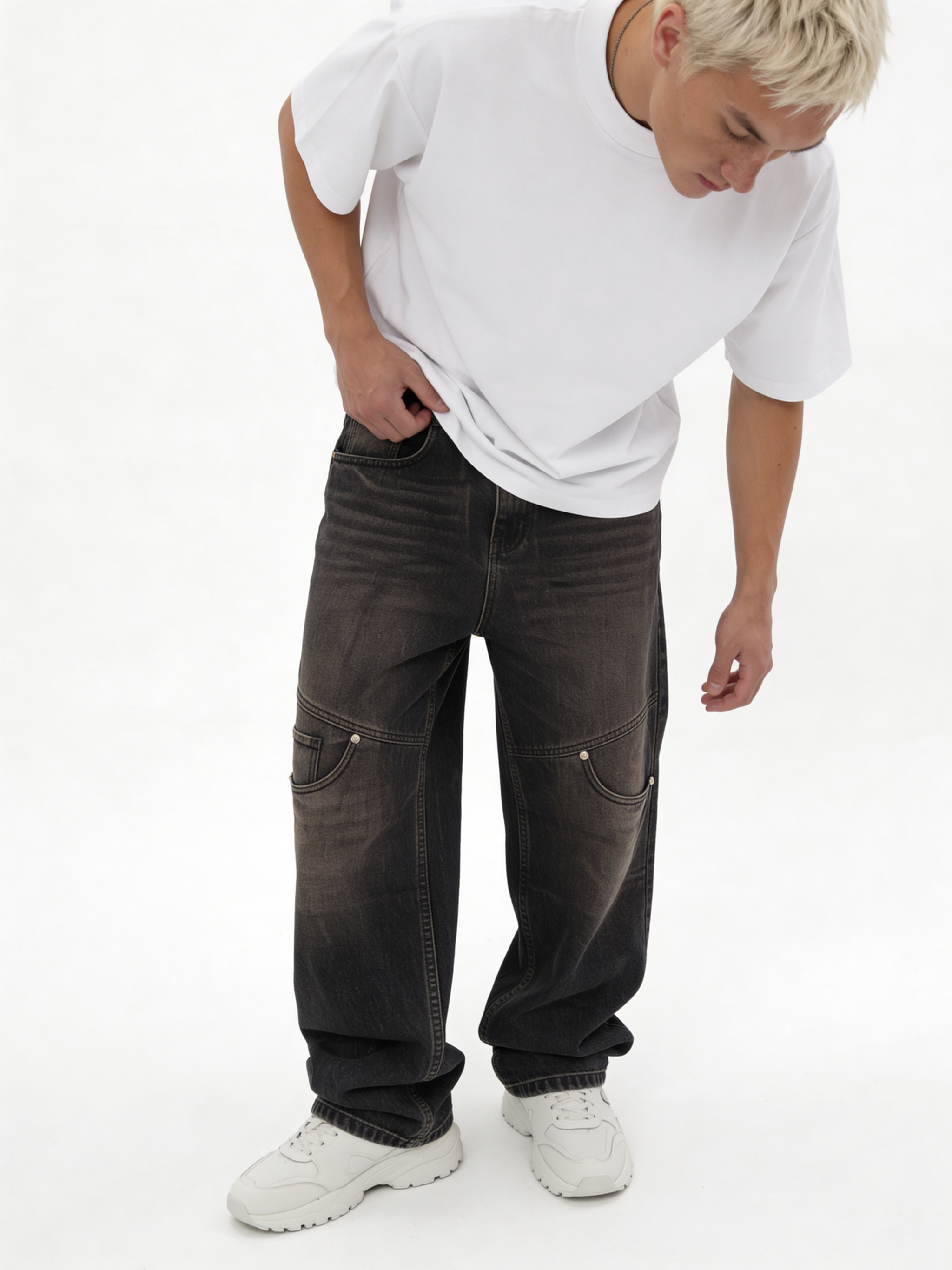Relaxed Wide-Leg Riveted Panelled Denim - jex