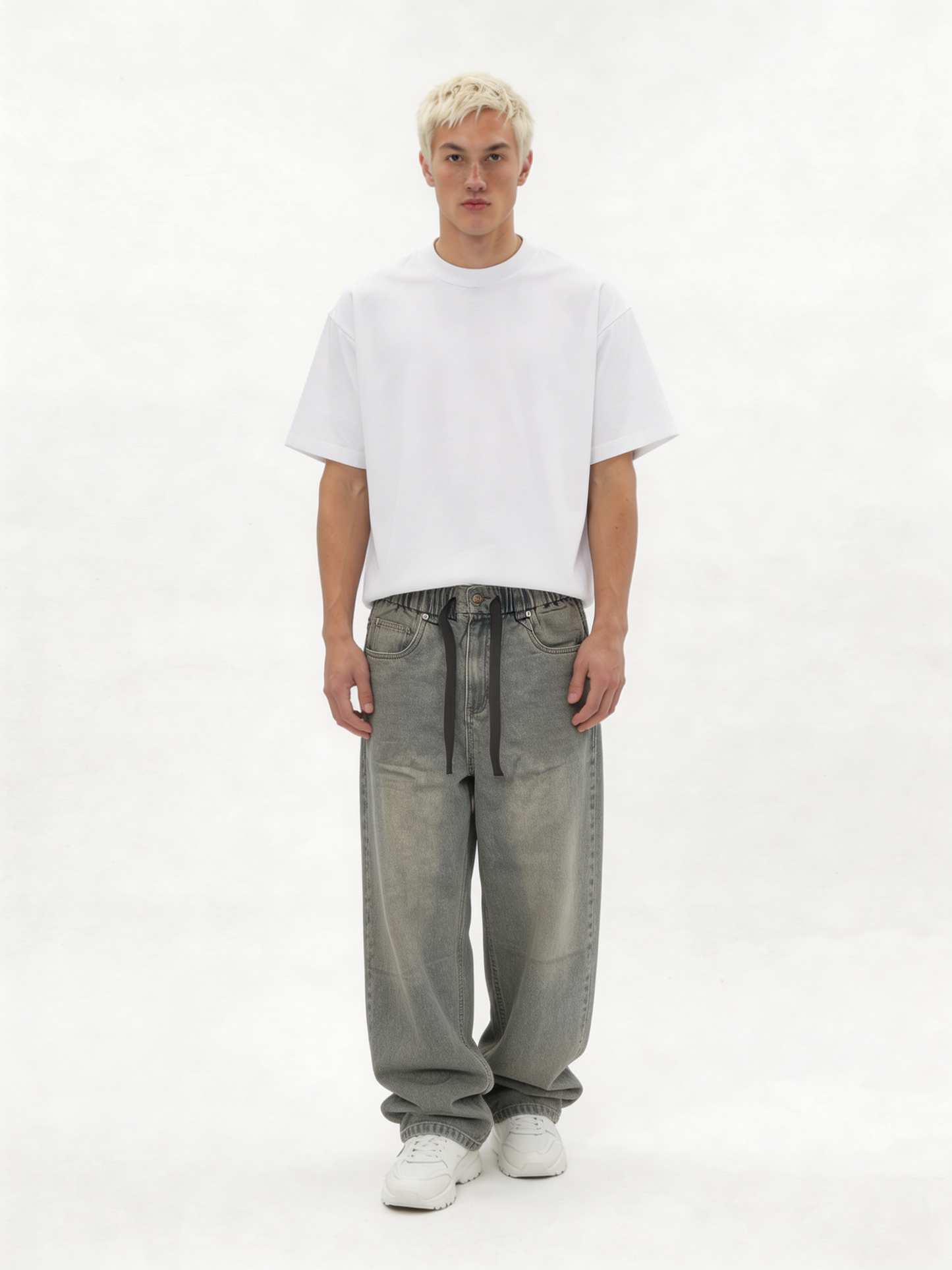 Relaxed Wide-Leg Drawstring Cotton Denim - jex