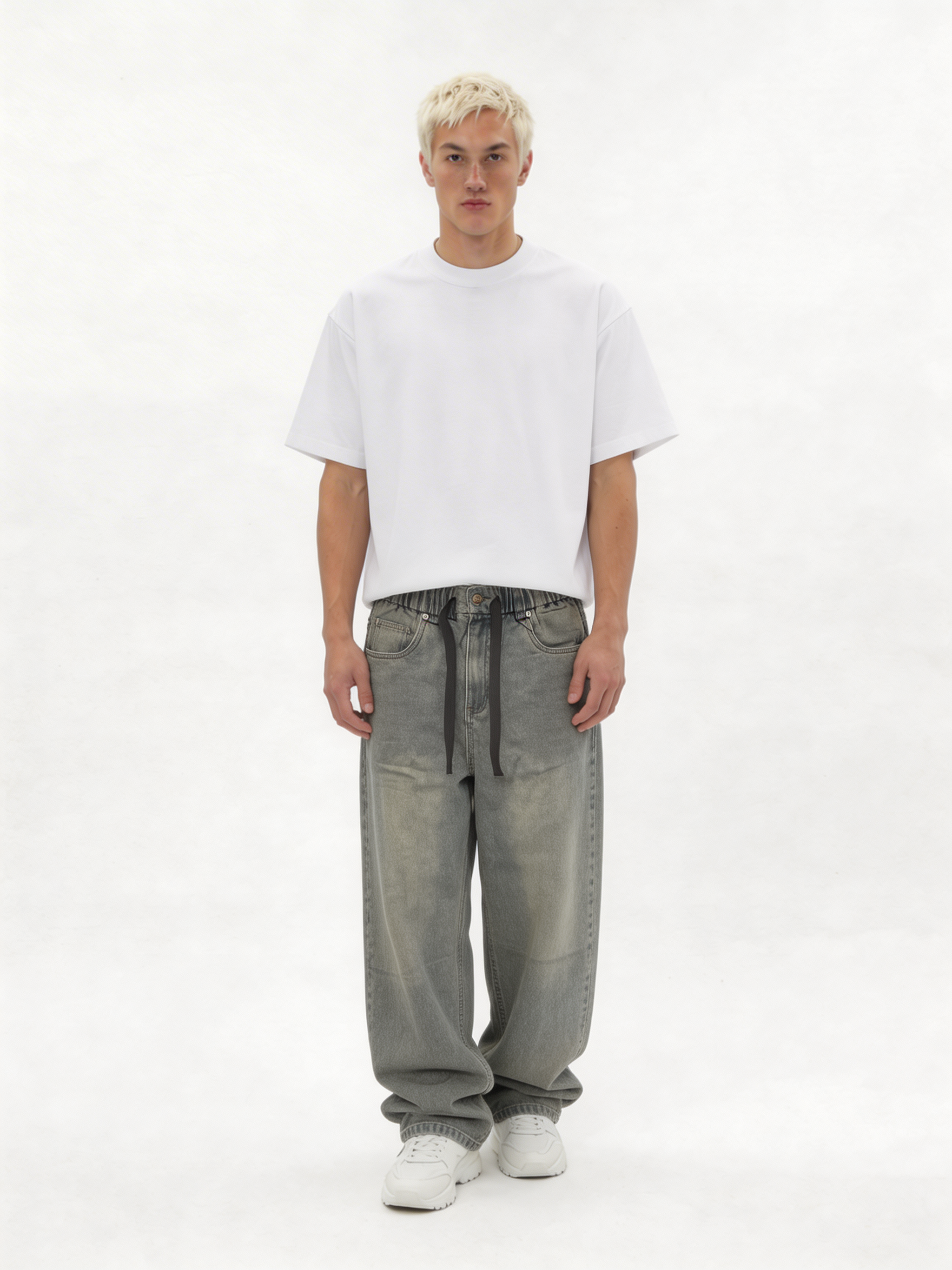 Relaxed Wide-Leg Drawstring Cotton Denim - jex