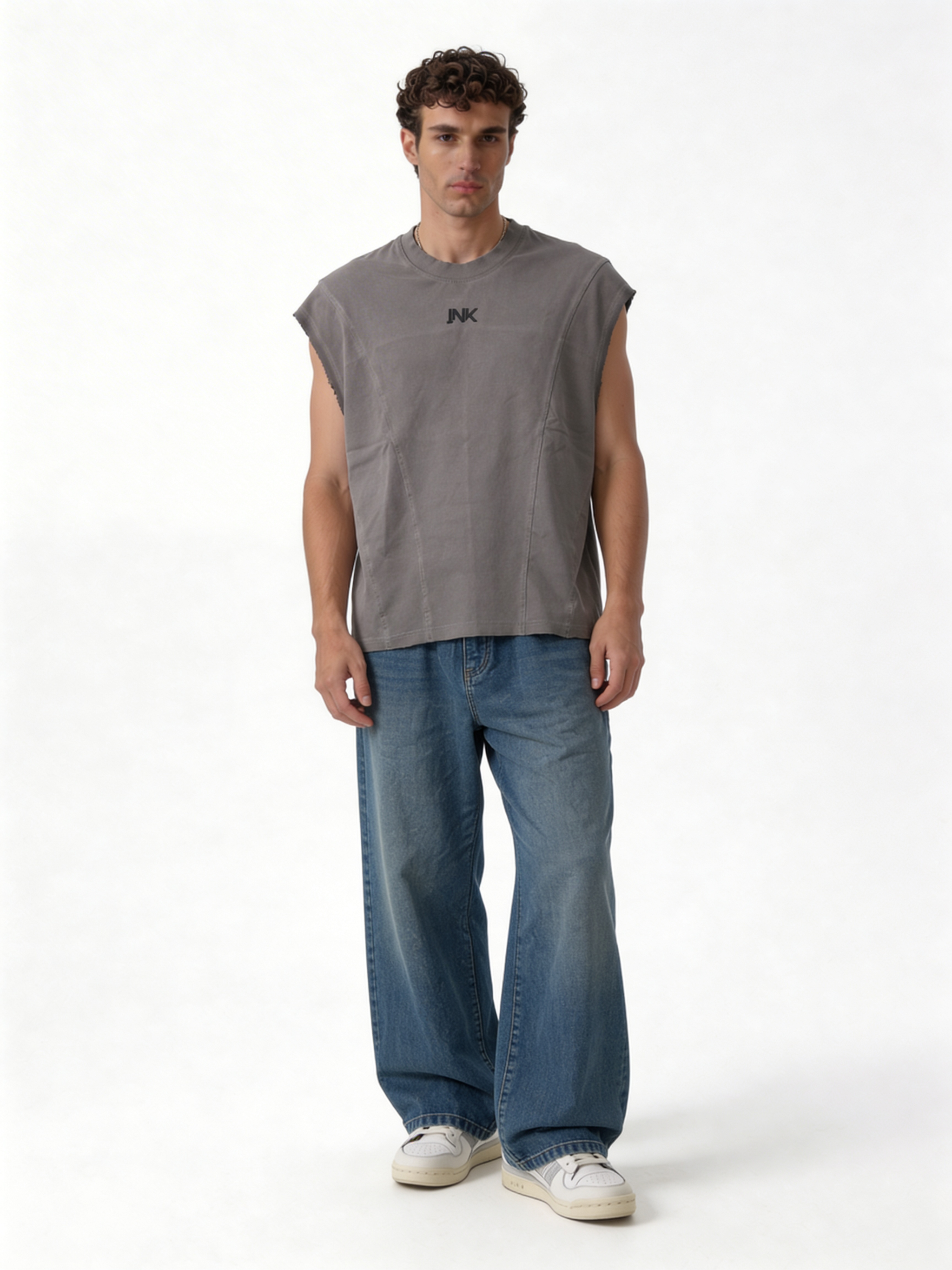 Boxy Panelled Heavyweight Cotton Sleeveless Tee - ink