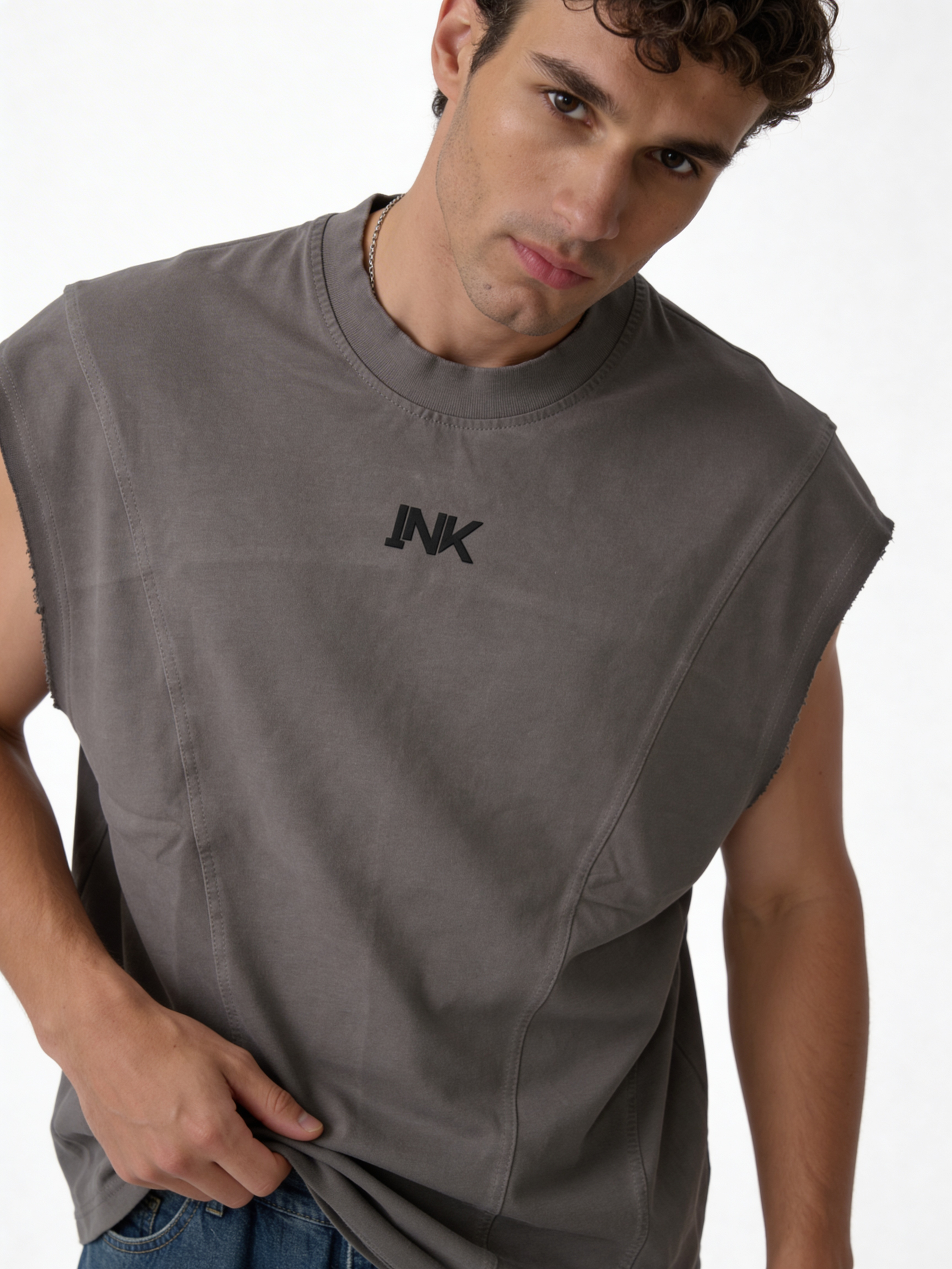 Boxy Panelled Heavyweight Cotton Sleeveless Tee - ink