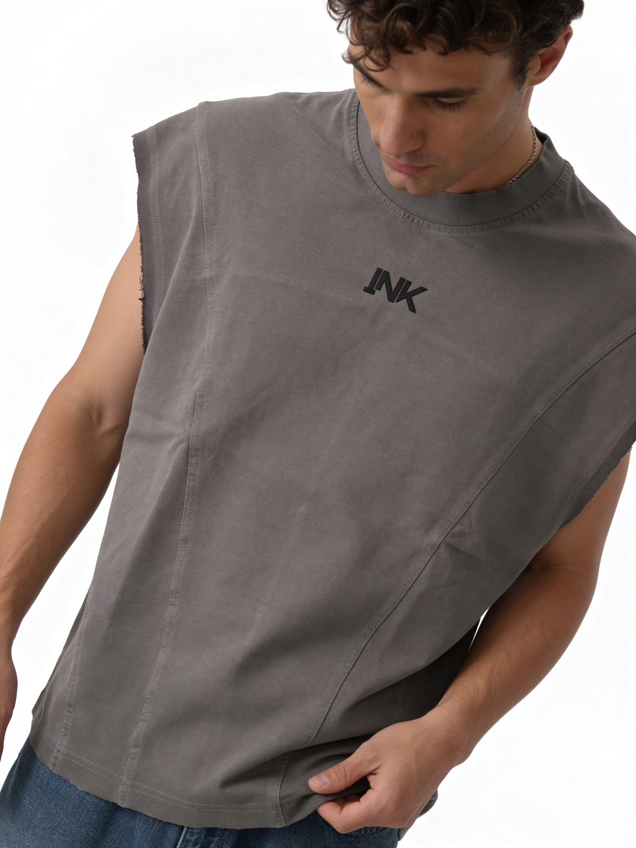 Boxy Panelled Heavyweight Cotton Sleeveless Tee - ink