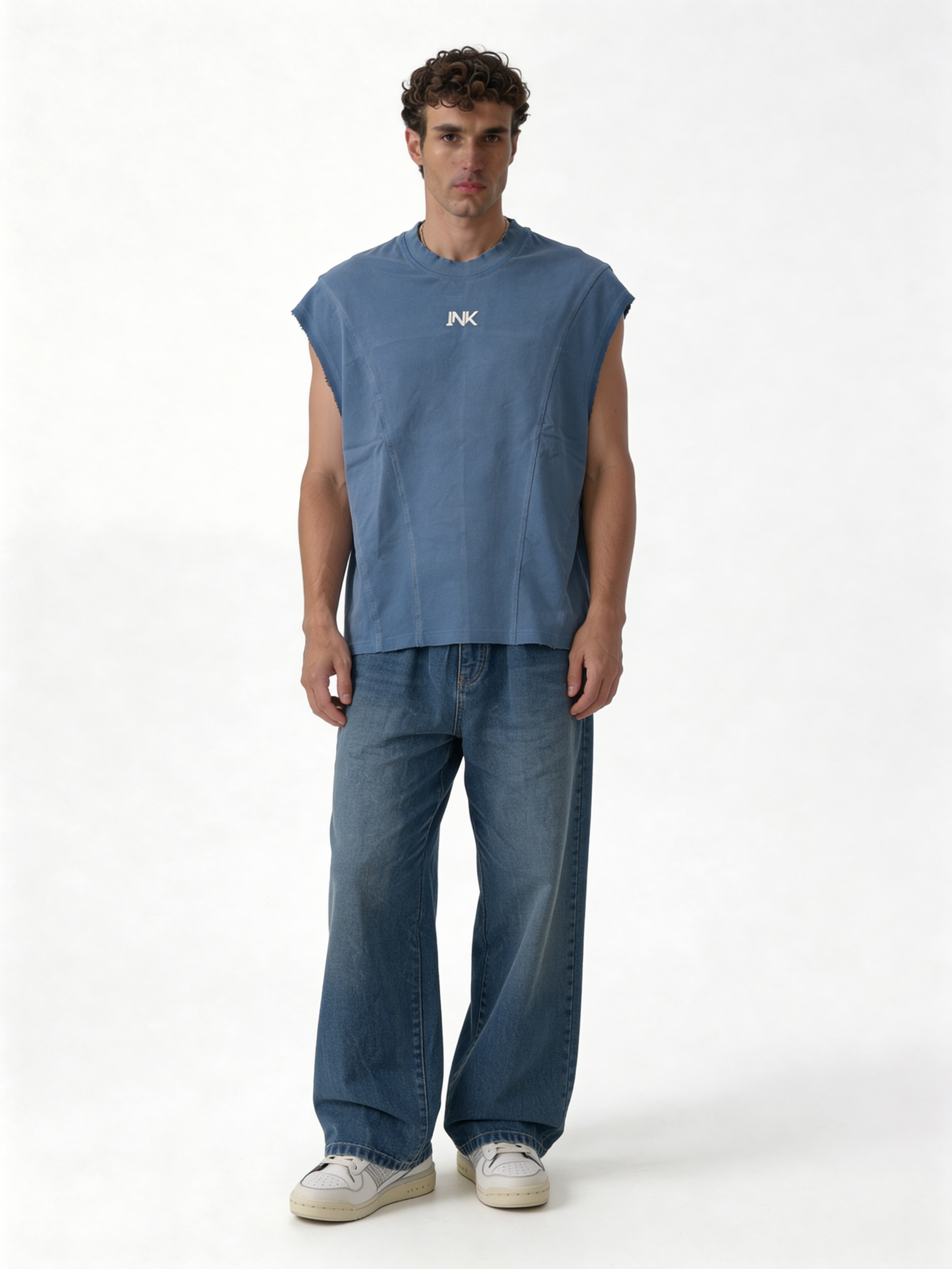 Boxy Panelled Heavyweight Cotton Sleeveless Tee - ink