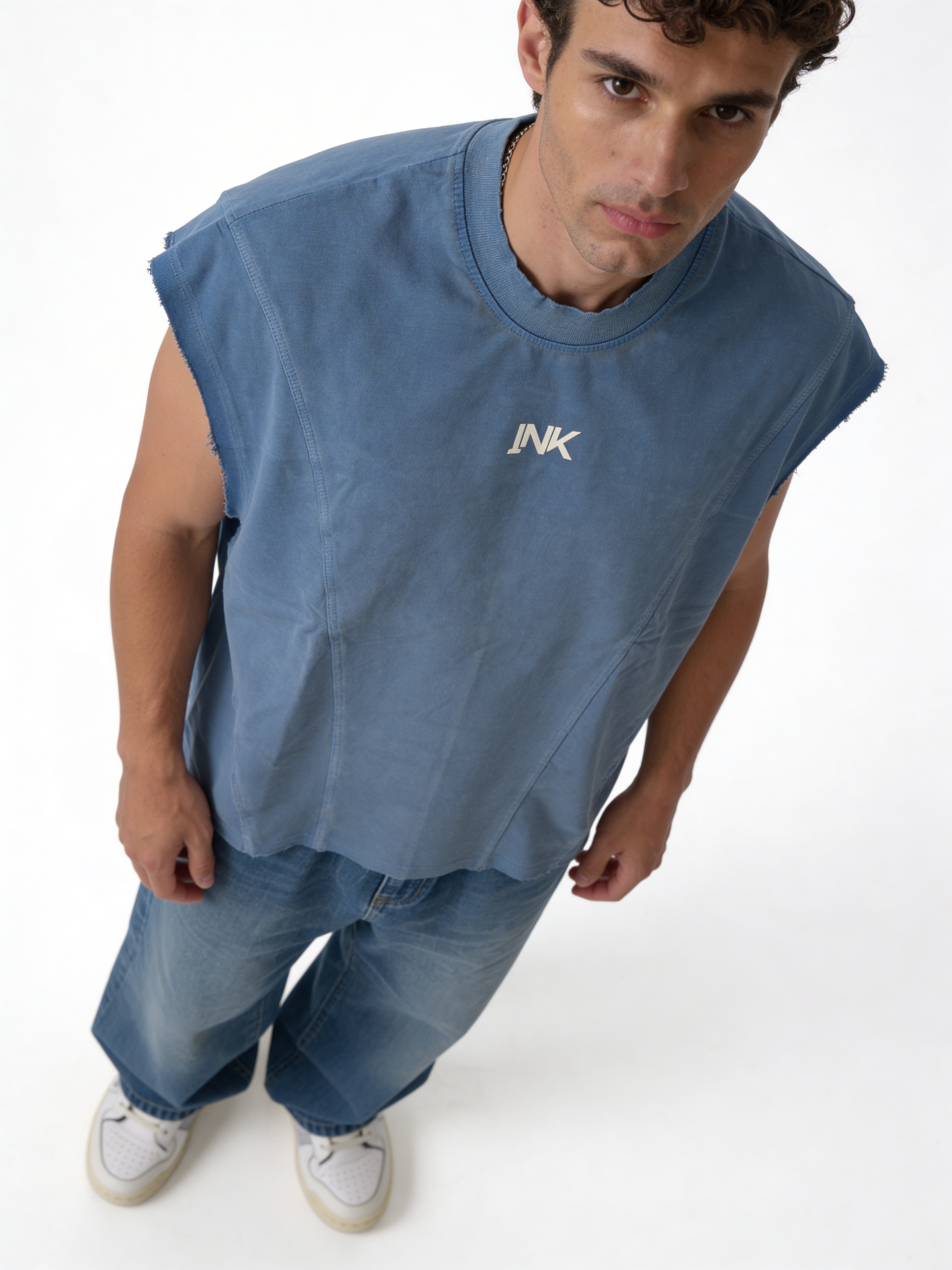 Boxy Panelled Heavyweight Cotton Sleeveless Tee - ink