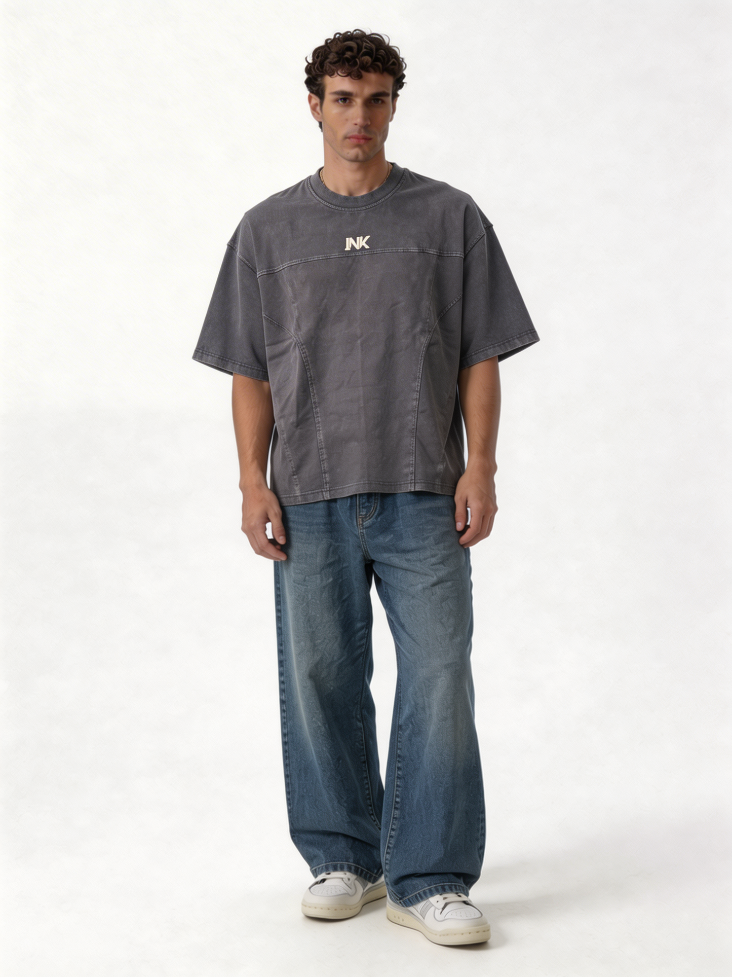 Boxy Panelled Acid Wash Cotton Tee - ink