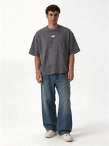 Boxy Panelled Acid Wash Cotton Tee - ink