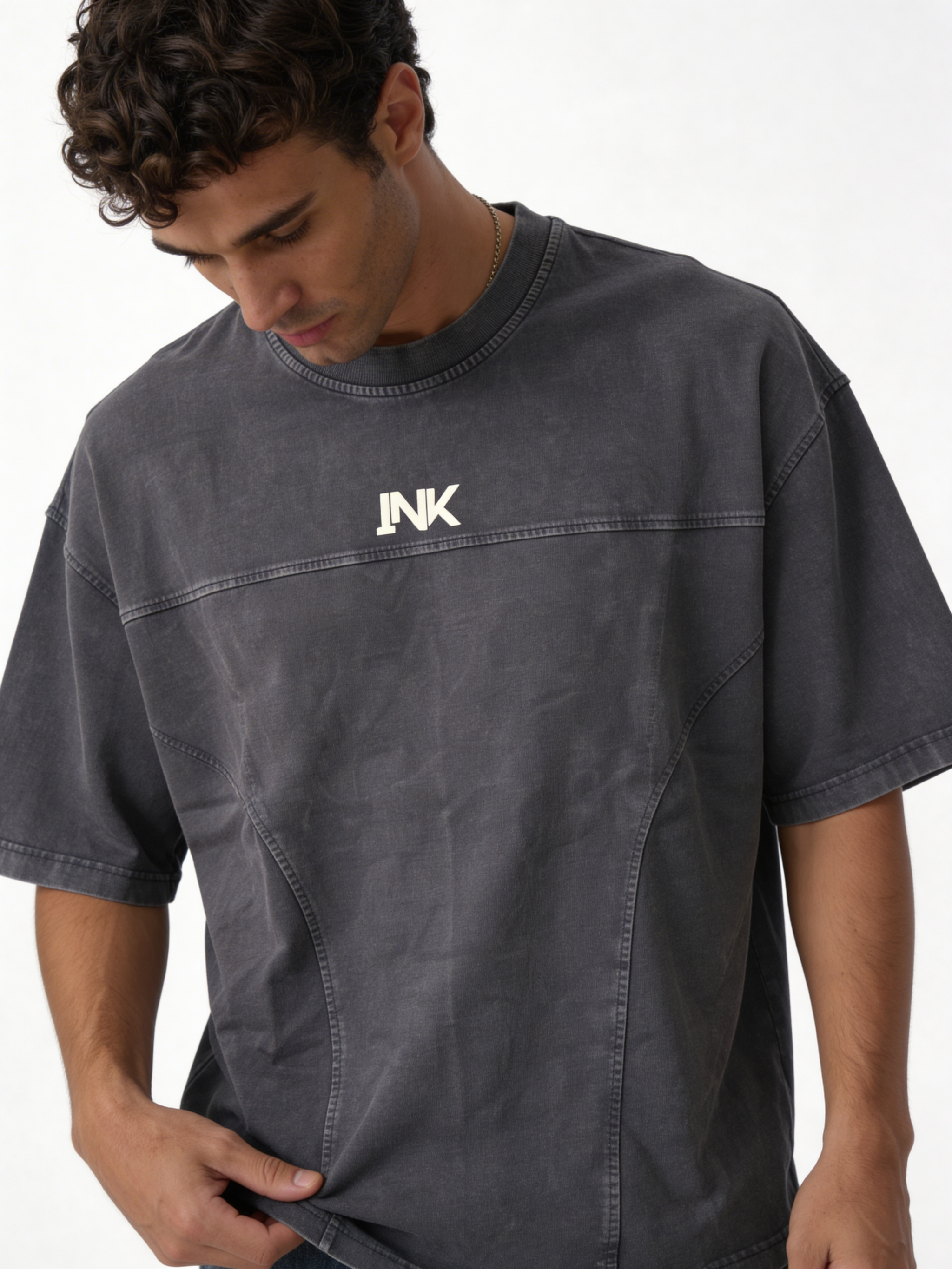 Boxy Panelled Acid Wash Cotton Tee - ink