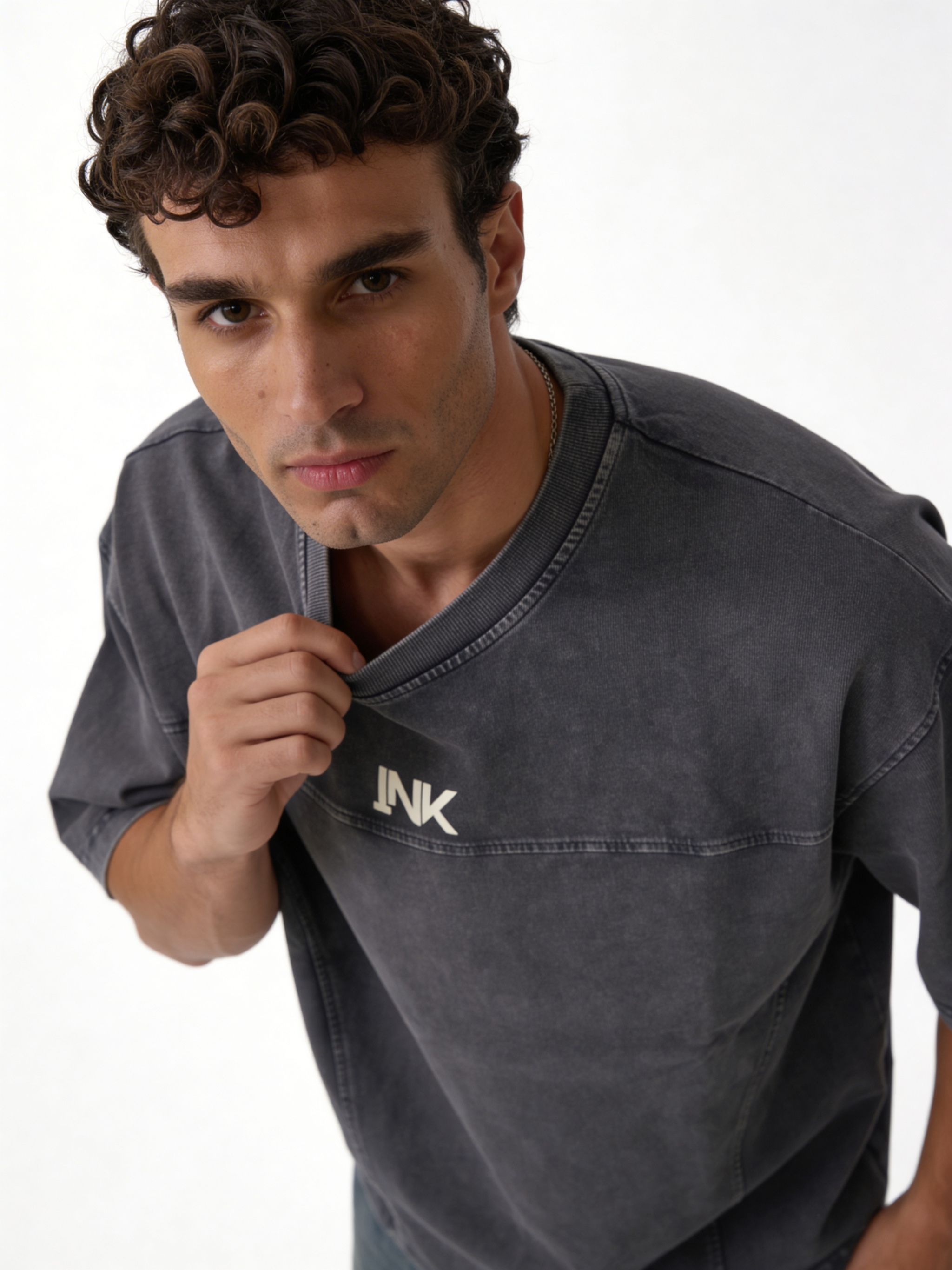 Boxy Panelled Acid Wash Cotton Tee - ink