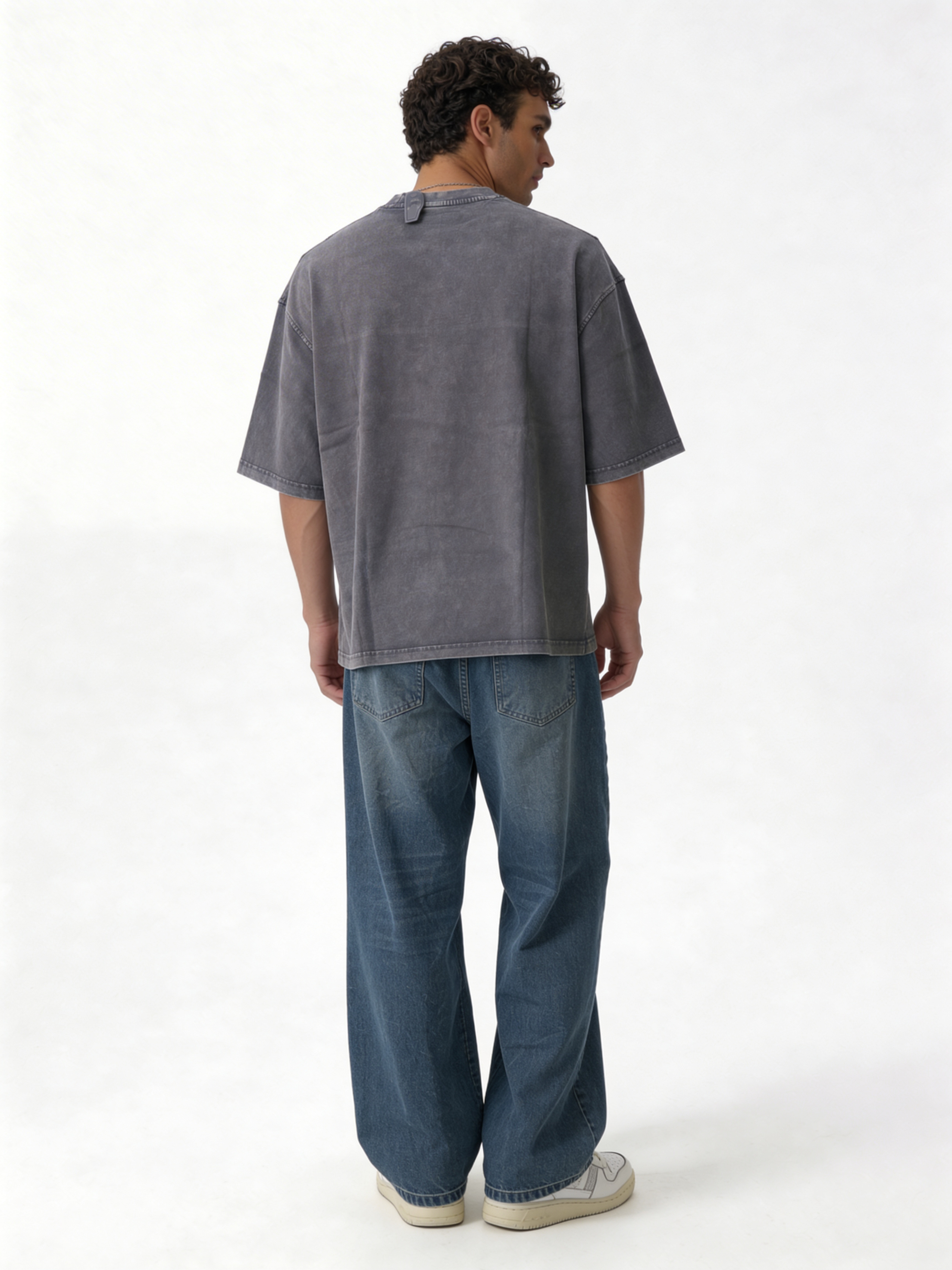 Boxy Panelled Acid Wash Cotton Tee - ink