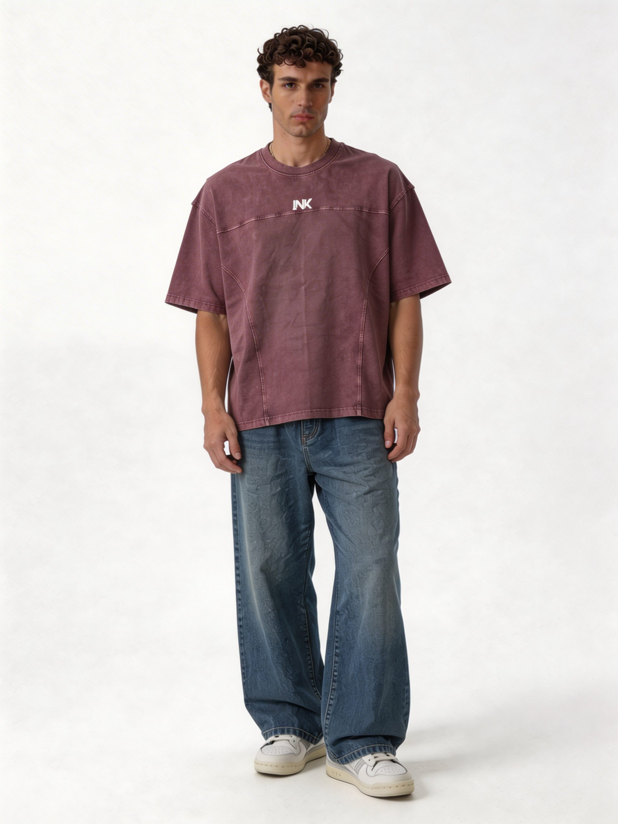 Boxy Panelled Acid Wash Cotton Tee - ink