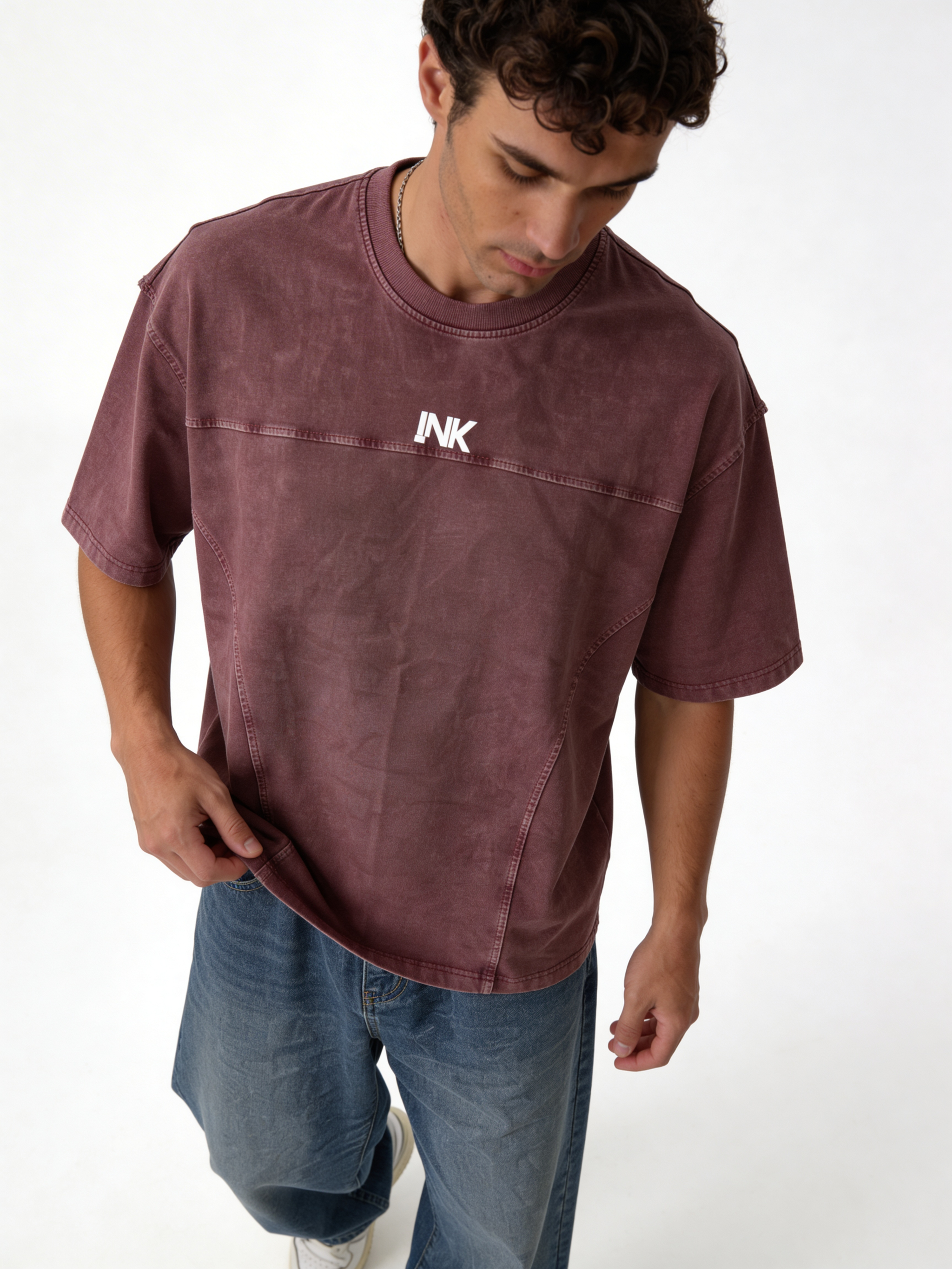 Boxy Panelled Acid Wash Cotton Tee - ink