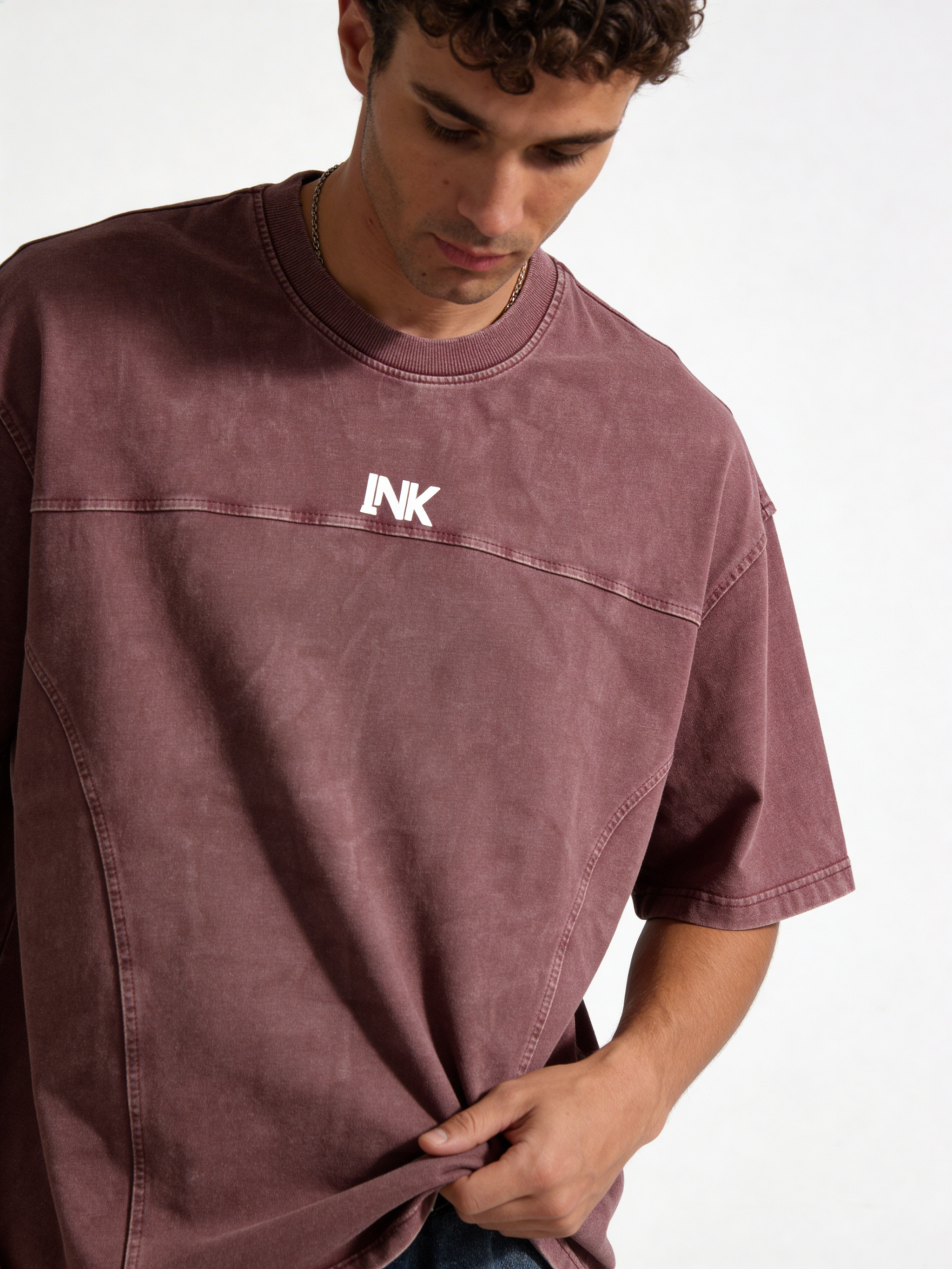 Boxy Panelled Acid Wash Cotton Tee - ink