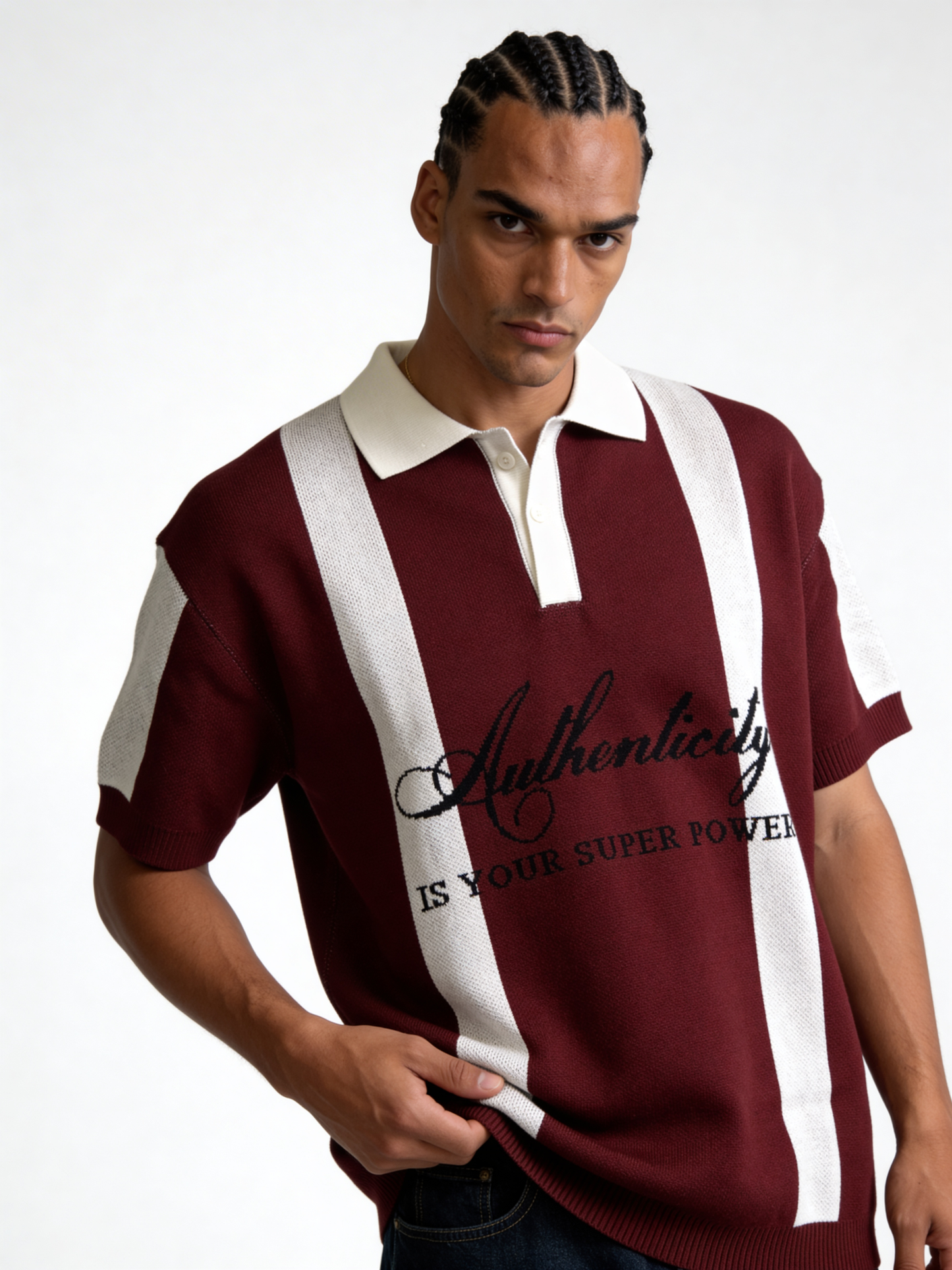 Boxy Knit Cotton Graphic Polo Shirt - void