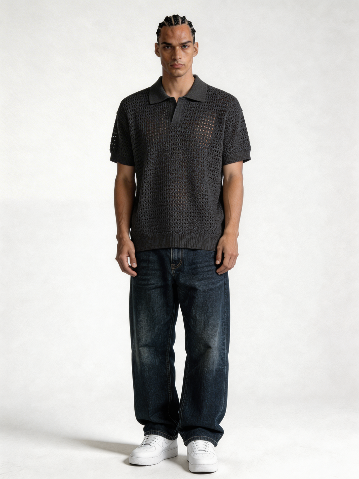Boxy Crochet Knit Mesh Polo - void