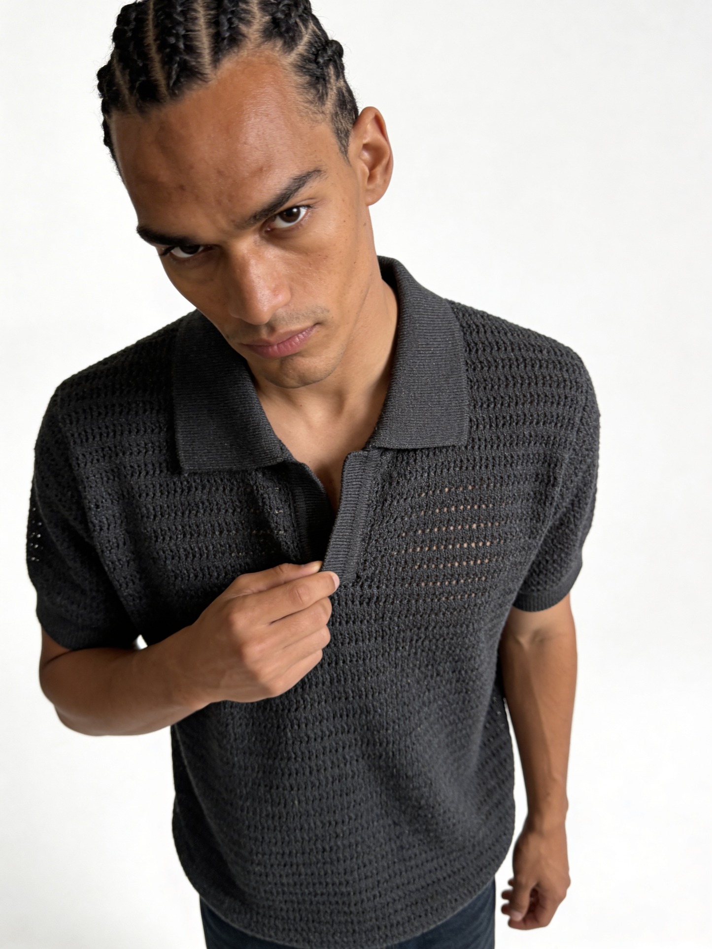 Boxy Crochet Knit Mesh Polo - void