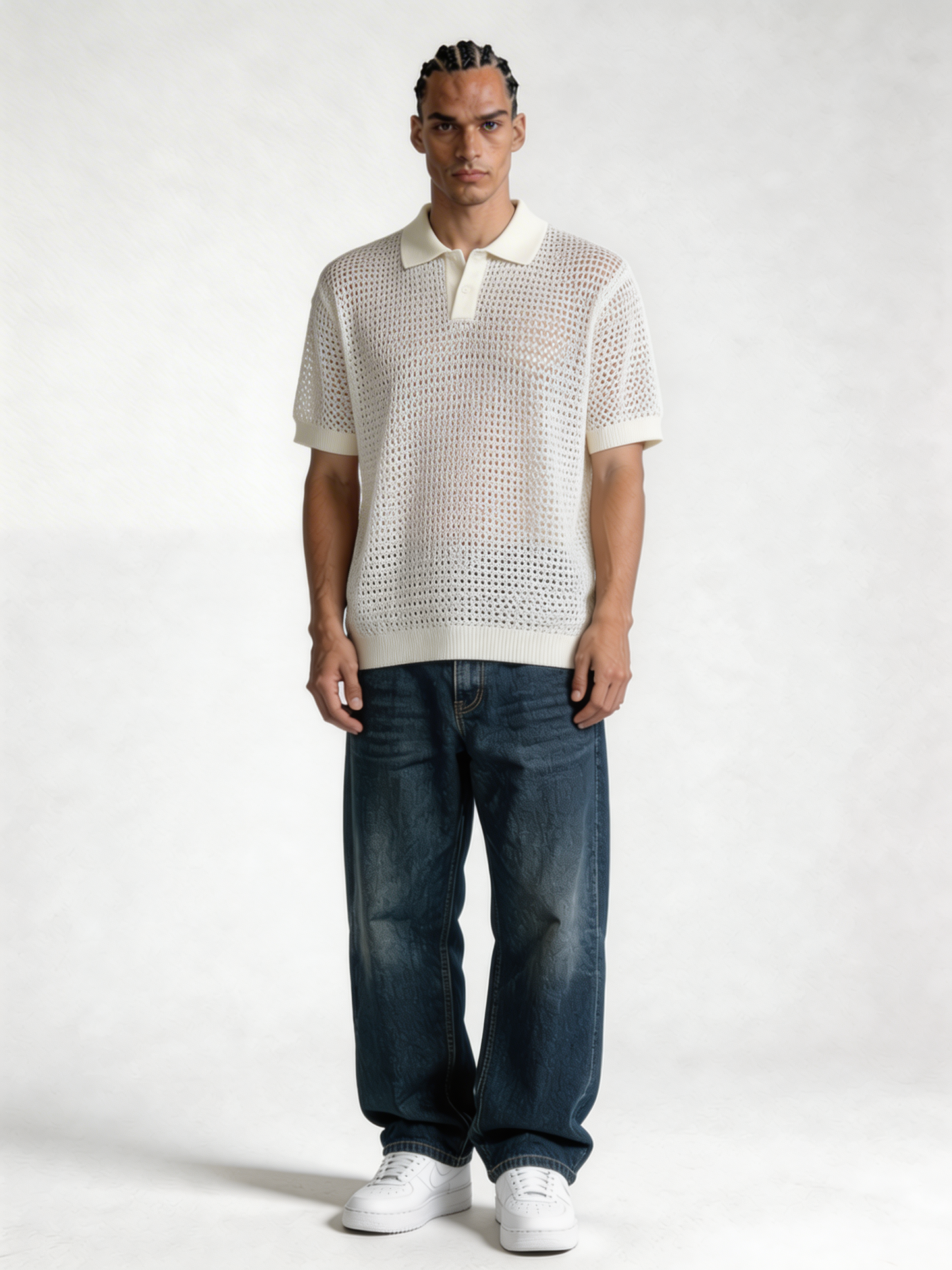 Boxy Crochet Knit Mesh Polo - void
