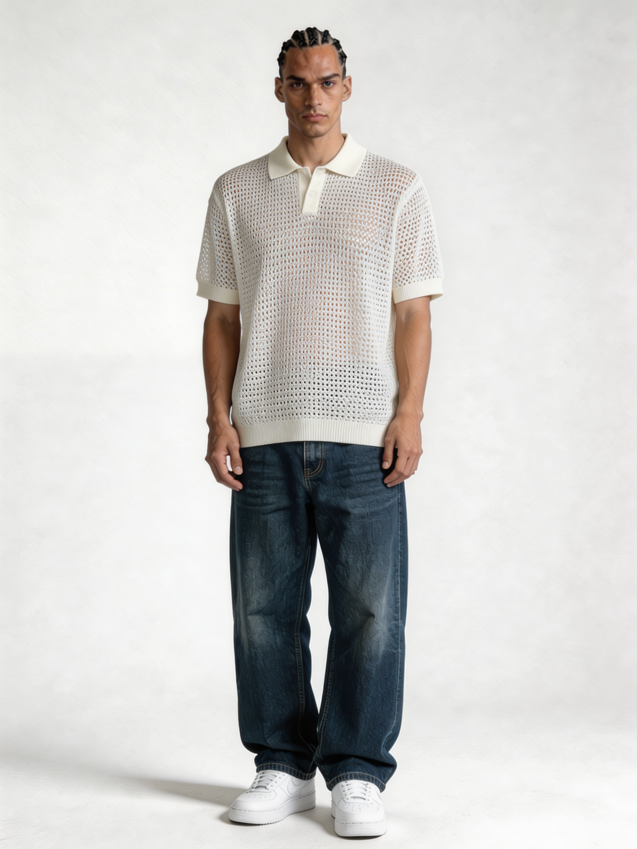 Boxy Crochet Knit Mesh Polo - void