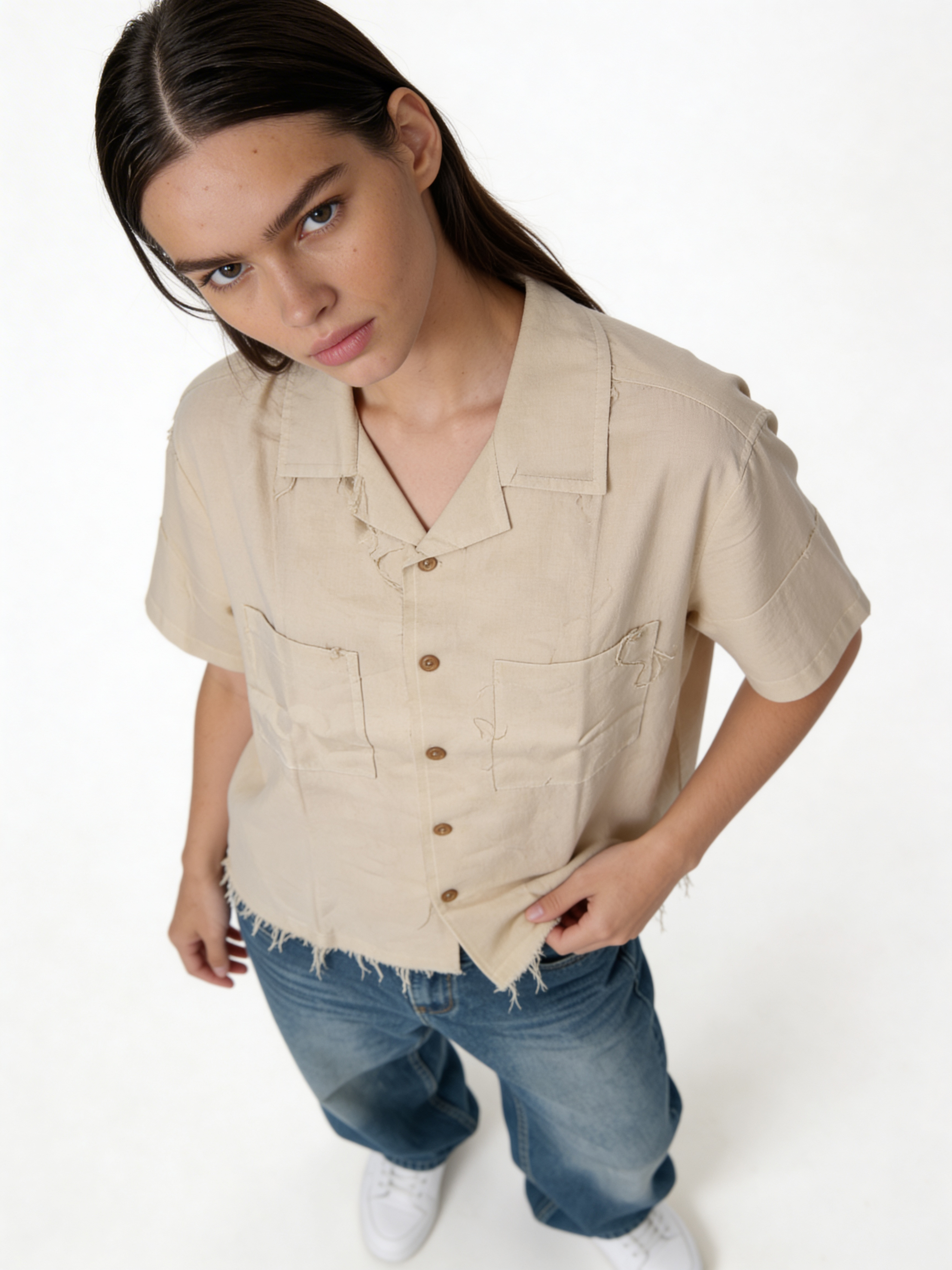Boxy Raw-Hem Linen-Blend Short Sleeve Shirt - jeddah