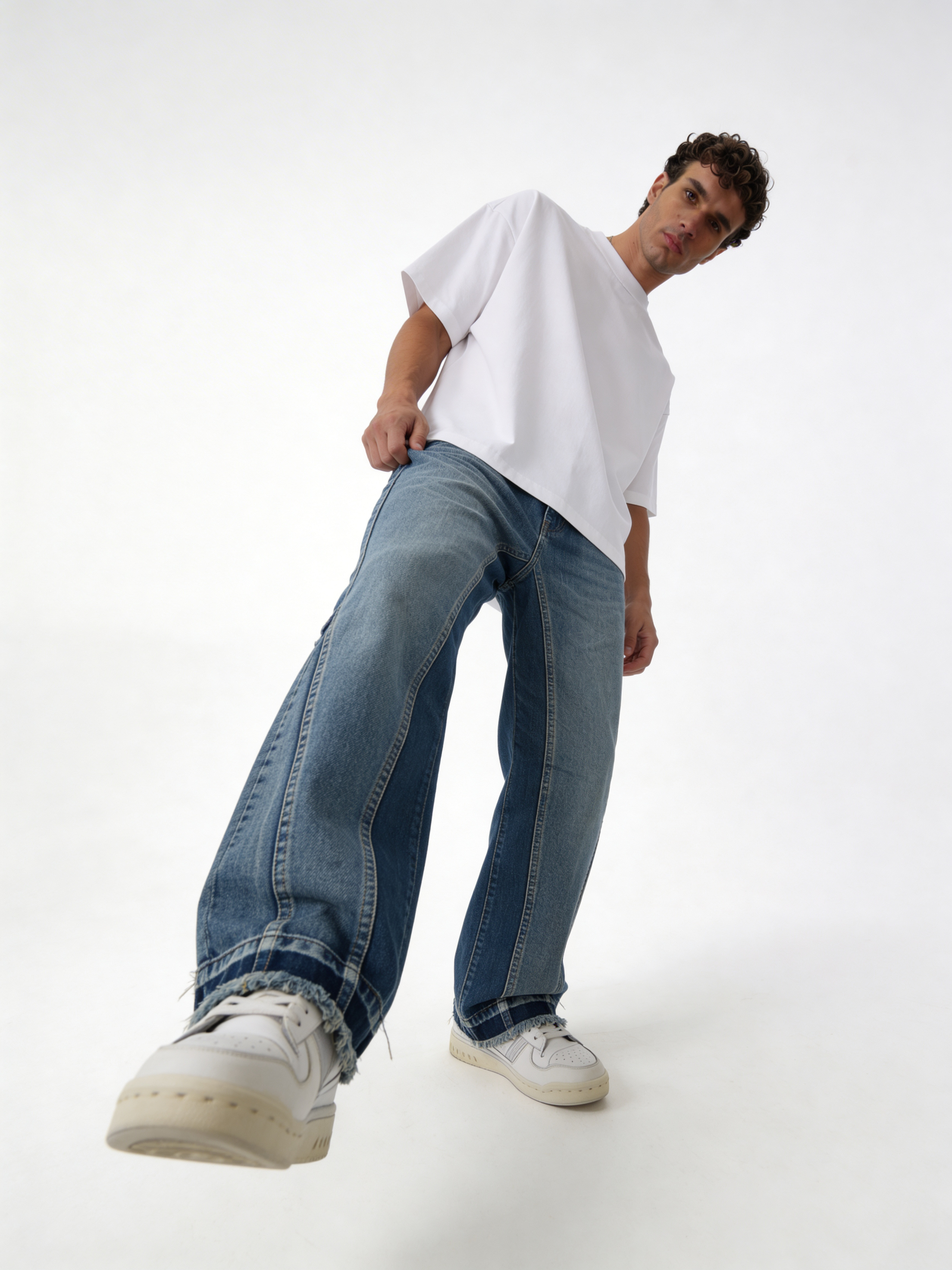 Baggy Panelled Raw-Hem Denim Jeans - cozed