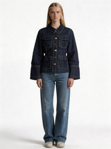 Structured Cinched-Waist Raw Indigo Denim Jacket - kamzi