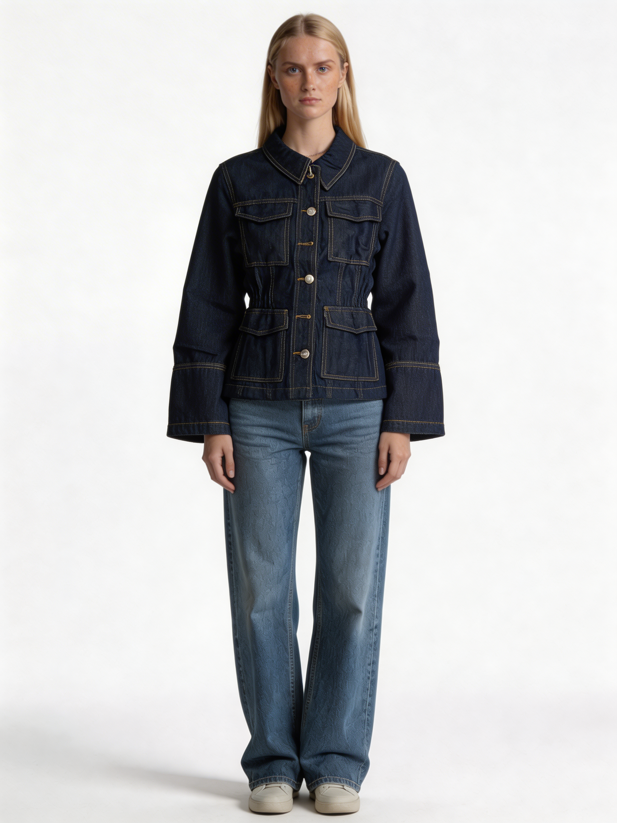 Structured Cinched-Waist Raw Indigo Denim Jacket - kamzi