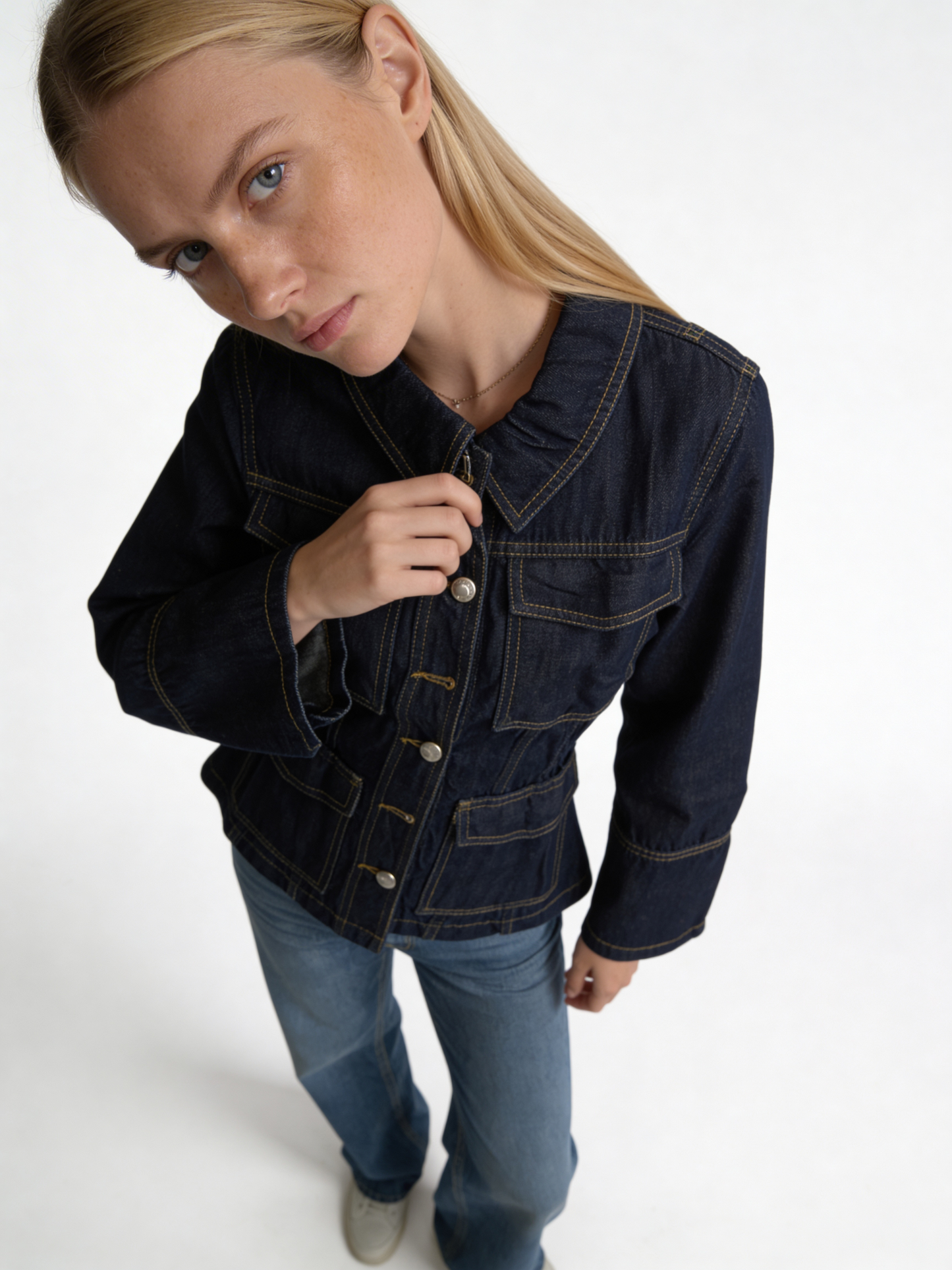 Structured Cinched-Waist Raw Indigo Denim Jacket - kamzi