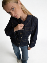 Structured Cinched-Waist Raw Indigo Denim Jacket - kamzi